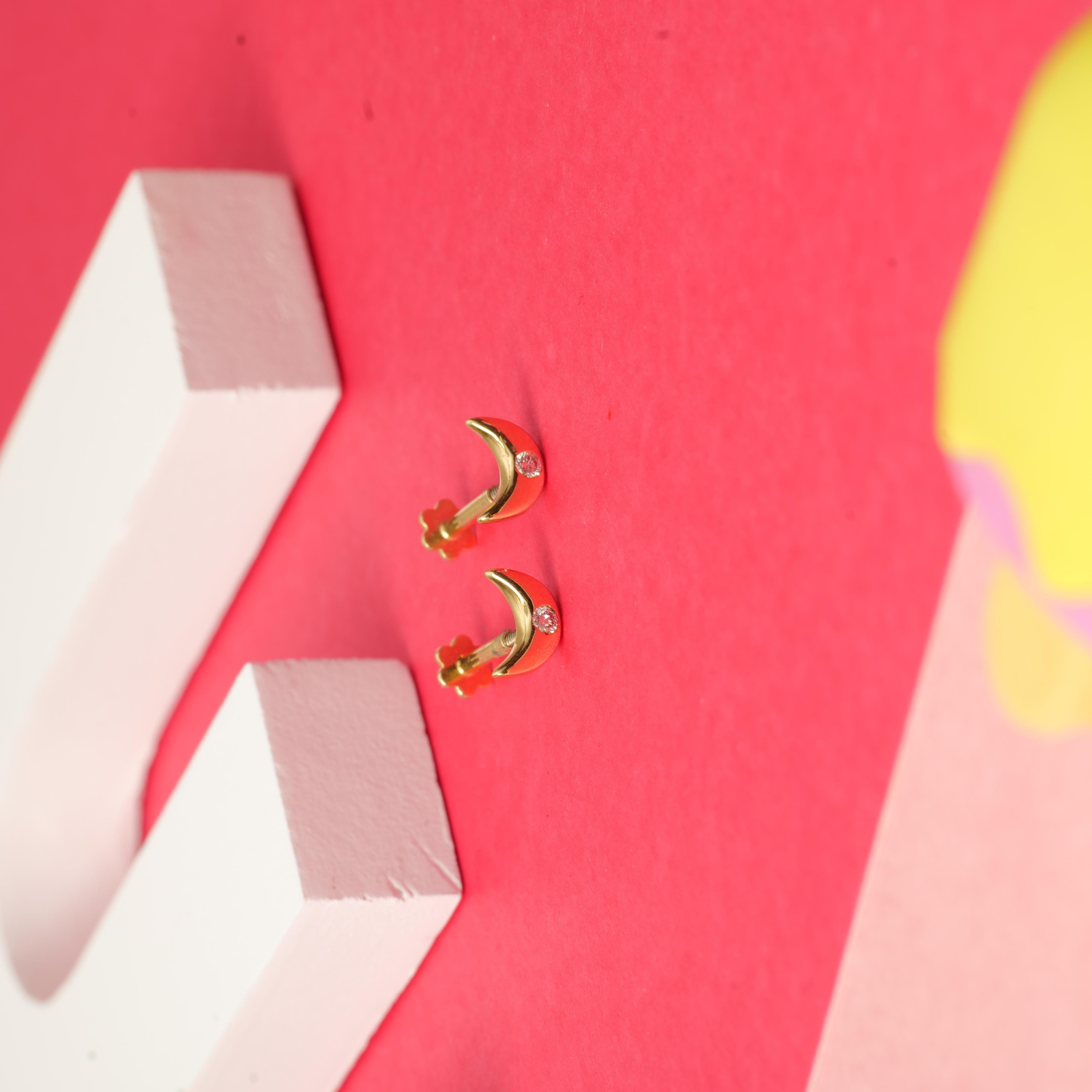 Kids Moon Diamond Stud Earrings in 14K Solid Gold (Certified) For Sale 2