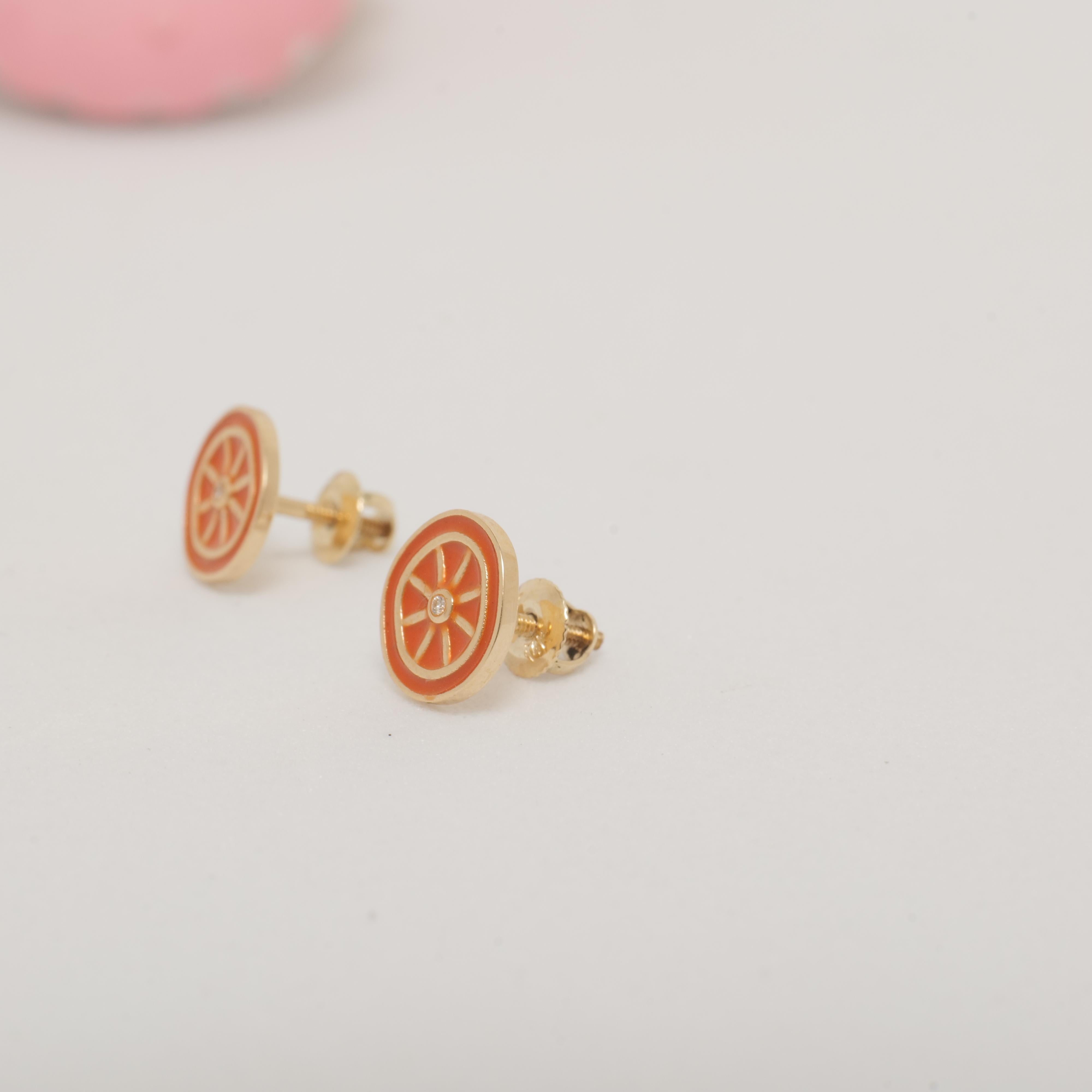 Taglio rotondo Orecchini per bambini con diamante a fetta arancione in oro massiccio 14k (certificato) in vendita