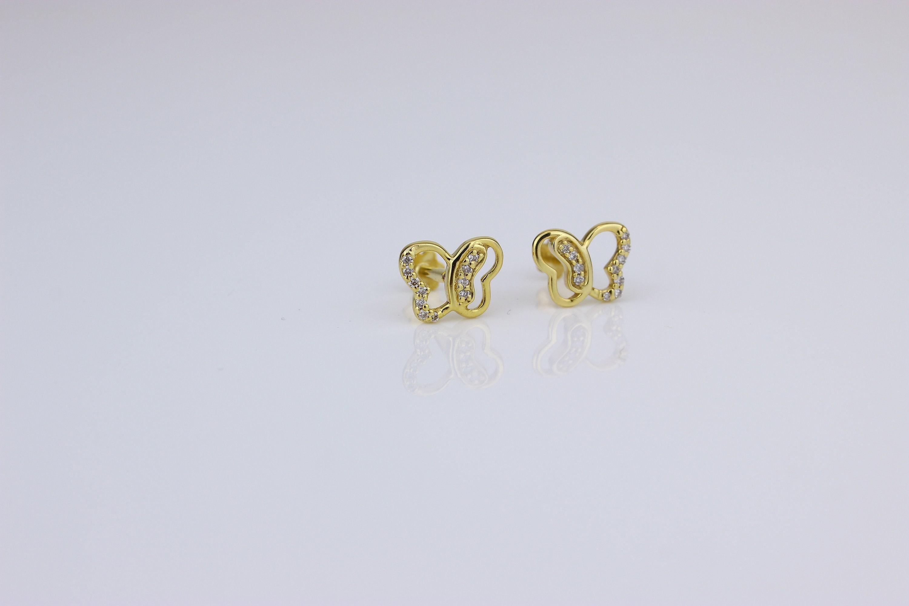 Art Deco Kids Petite Butterfly Diamond Stud Earrings in 14K Solid Gold (Certified) For Sale