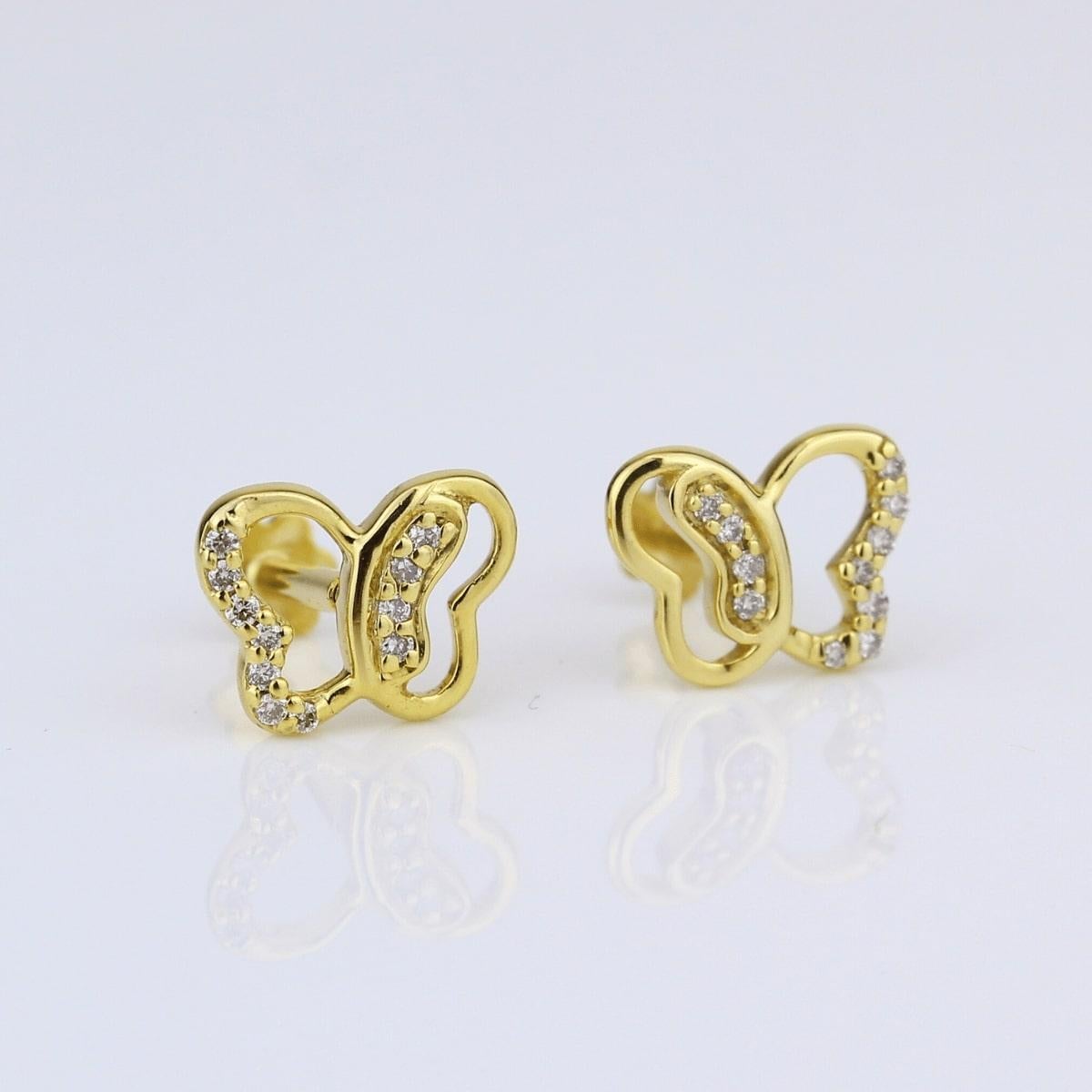 Art Deco Kids Petite Butterfly Diamond Stud Earrings in 14K Solid Gold (Certified) For Sale
