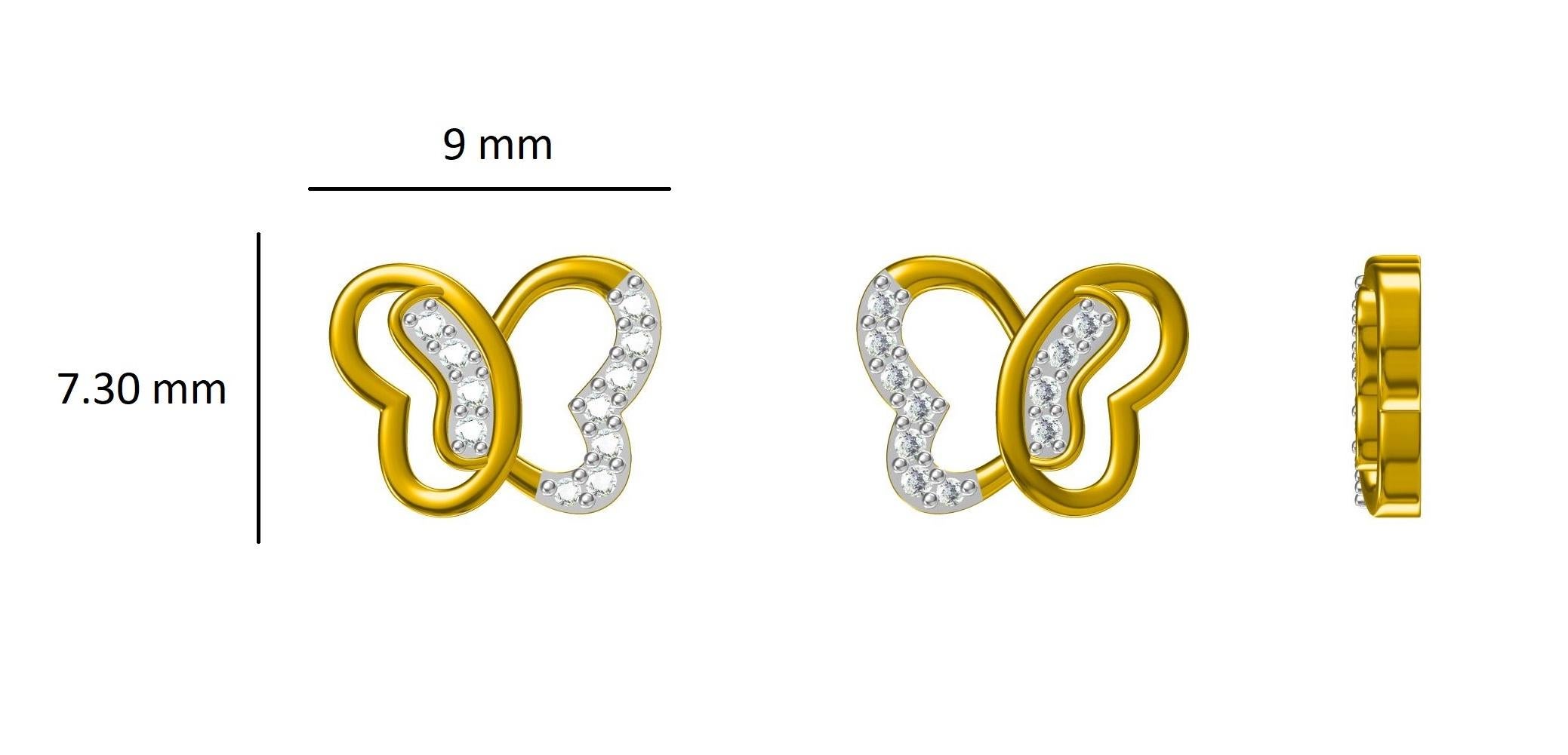 Women's Kids Petite Butterfly Diamond Stud Earrings in 14K Solid Gold (Certified) For Sale