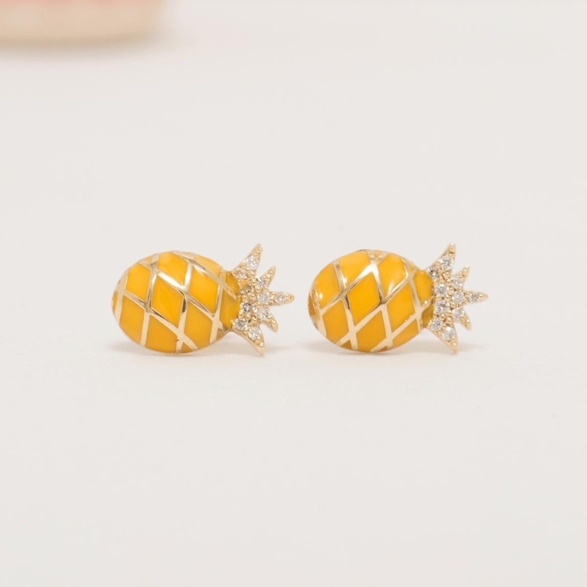 Art Deco Kids Pineapple Diamond Earrings in 14K Solid Gold (Certified) For Sale