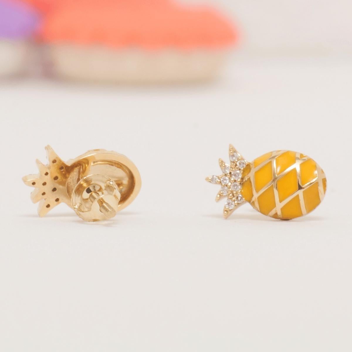Round Cut Kids Pineapple Diamond Earrings in 14K Solid Gold (Certified) For Sale