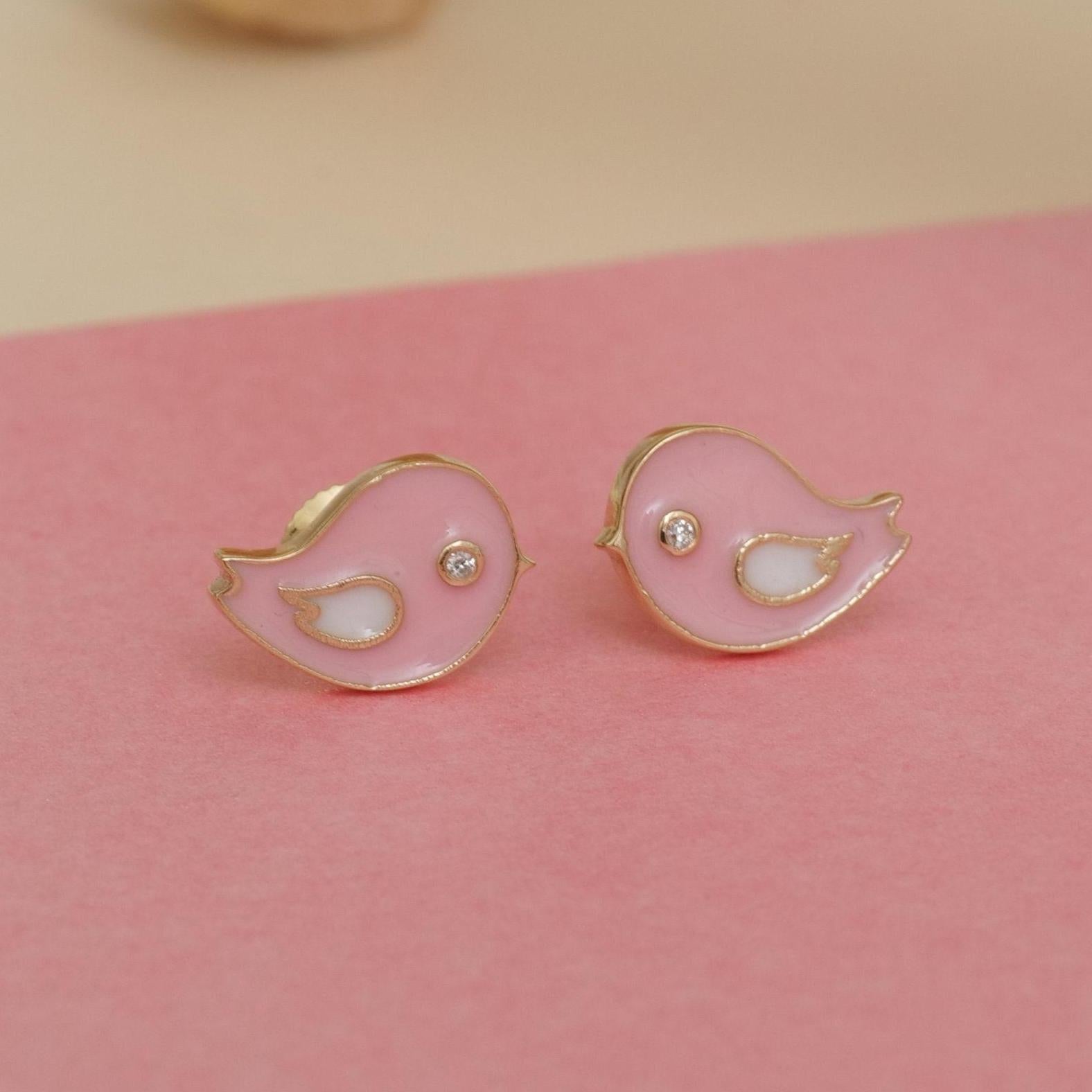 Art Deco Kids Pink Bird Diamond Stud Earrings in 14K Solid Gold (Certified) For Sale