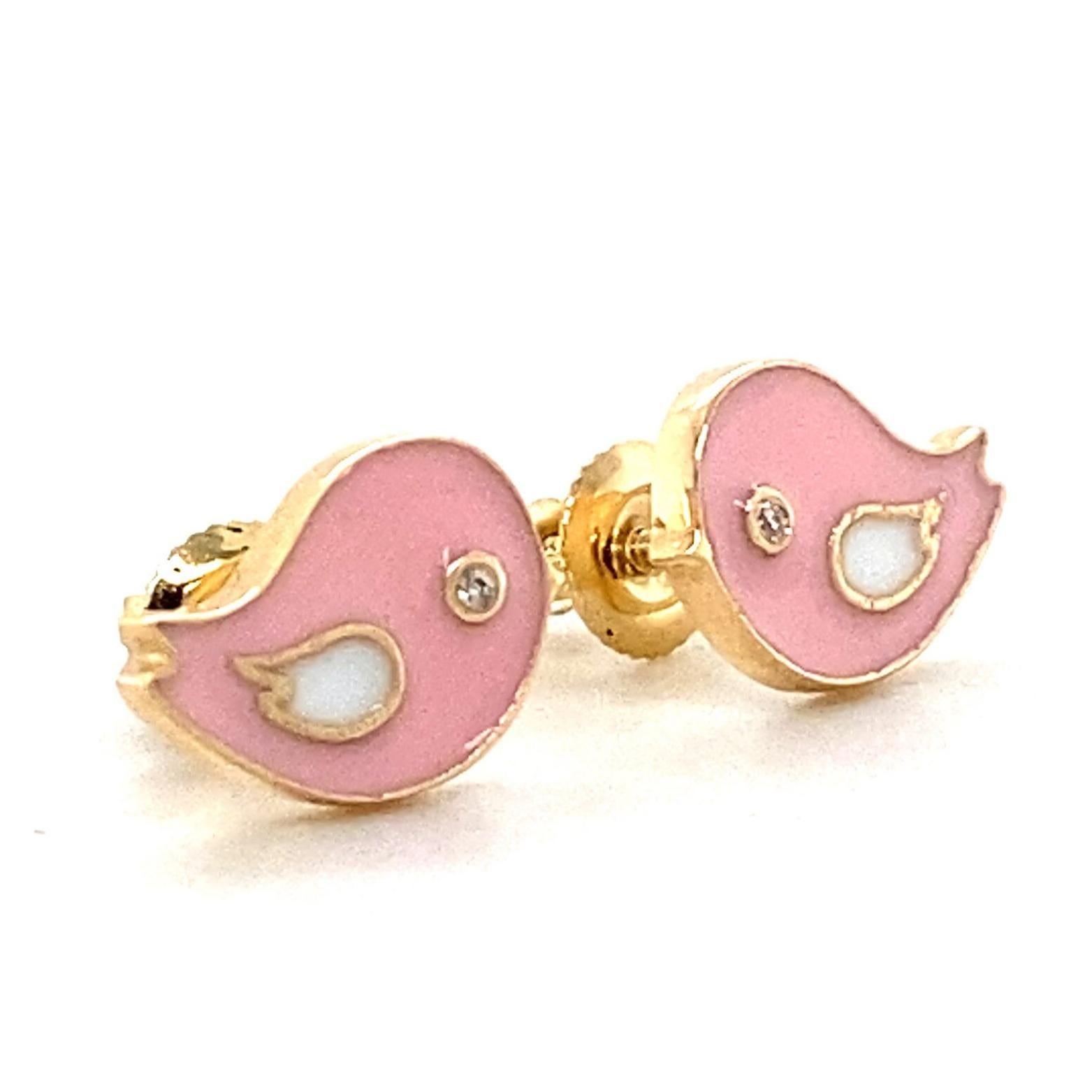 Round Cut Kids Pink Bird Diamond Stud Earrings in 14K Solid Gold (Certified) For Sale