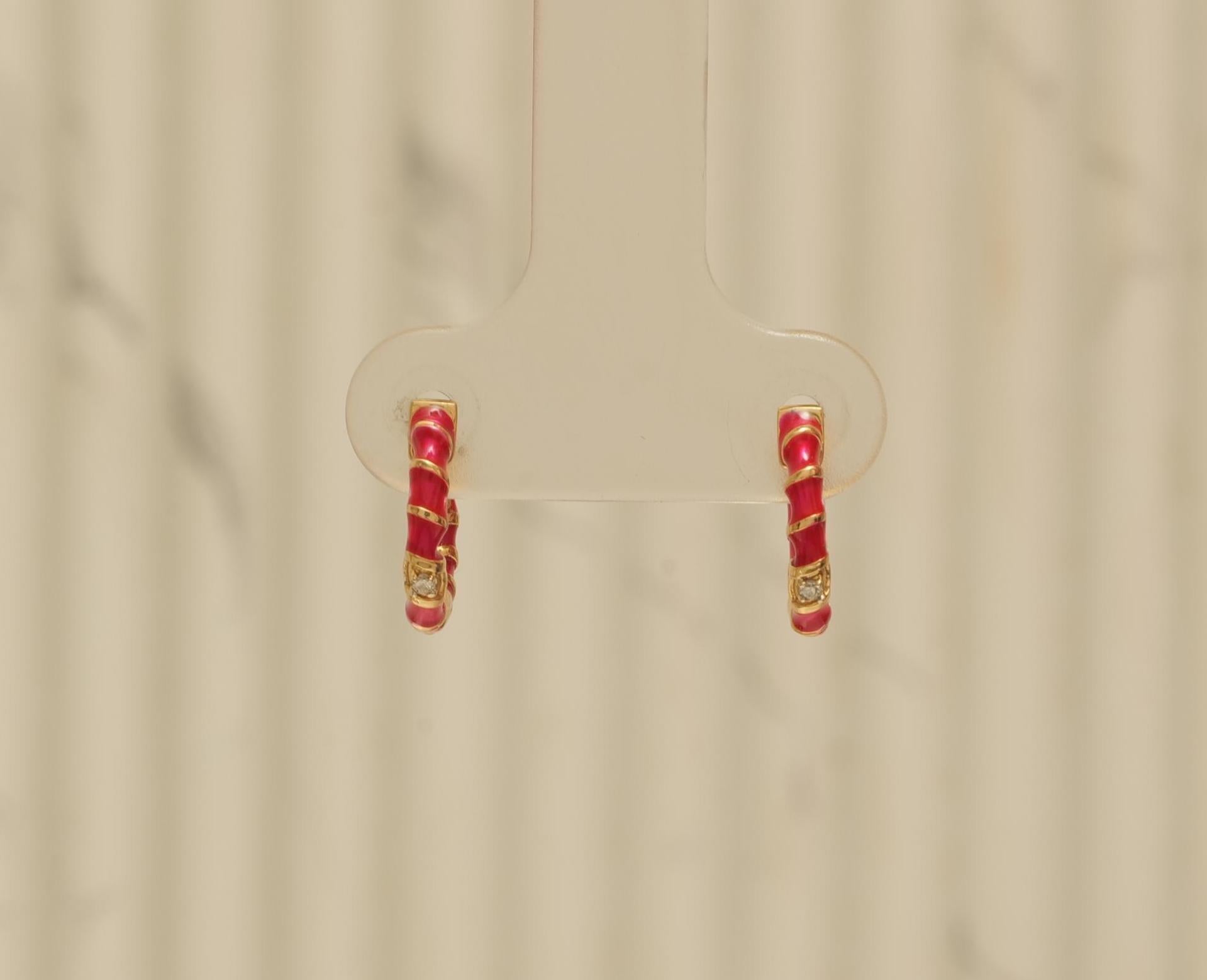 Art Deco Kids Pink Enamel Diamond Hoops in 14k Solid Gold (Certified) For Sale