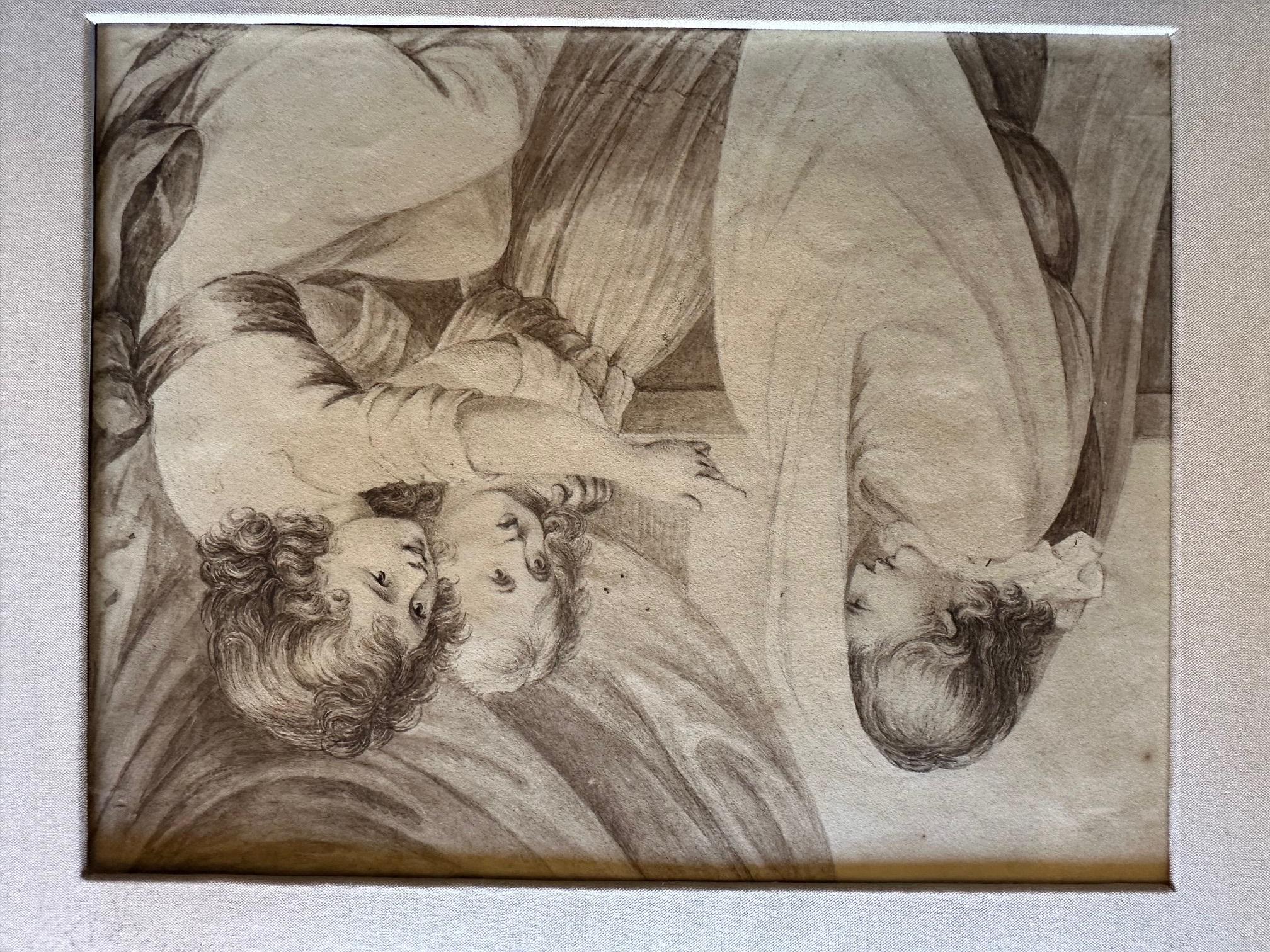 Niños jugando a fantasmas Arte mural Lápiz sobre papel Lavado marrón Objeto decorativo enmarcado Vidrio en venta