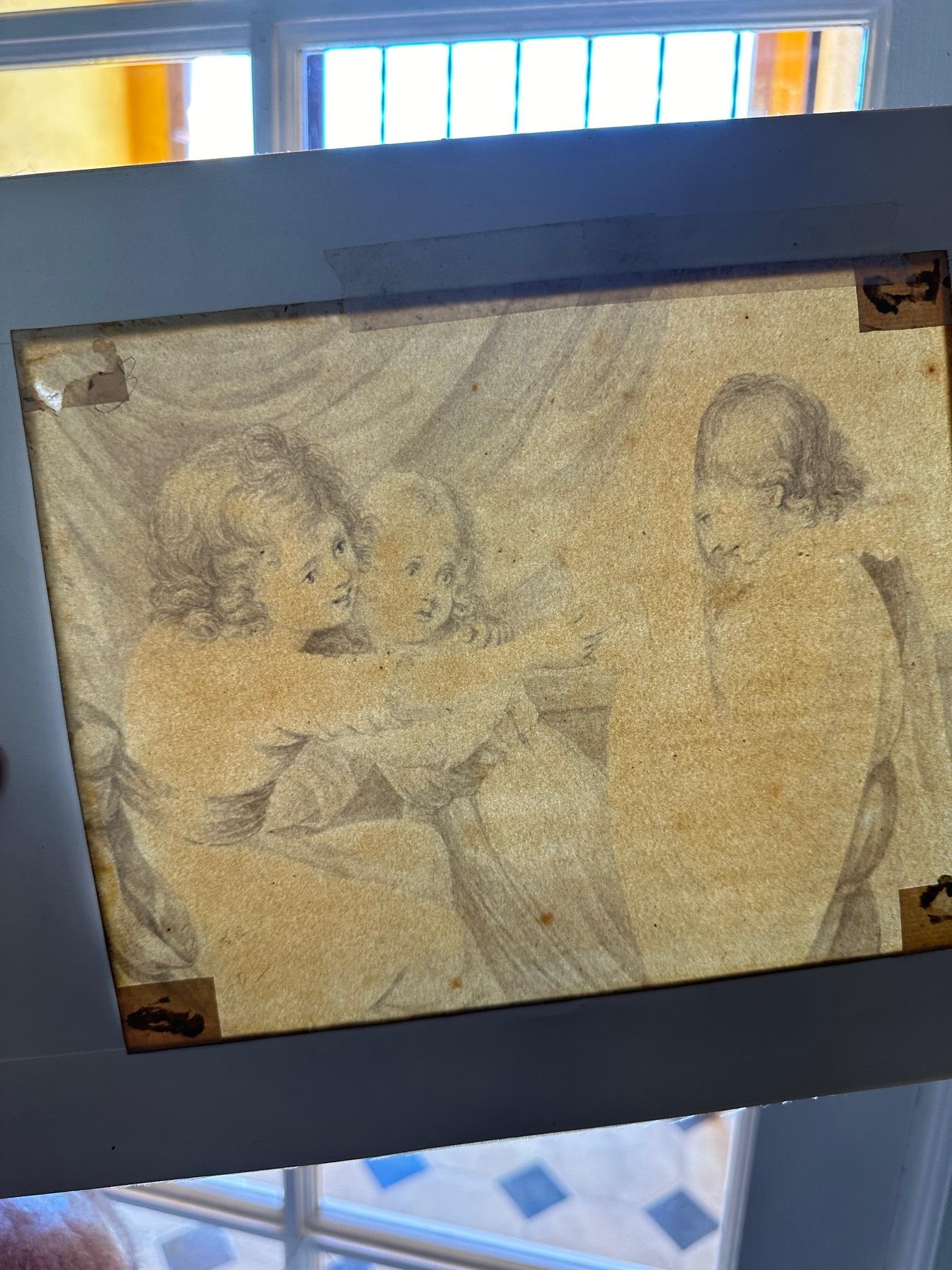 Niños jugando a fantasmas Arte mural Lápiz sobre papel Lavado marrón Objeto decorativo enmarcado en venta 1