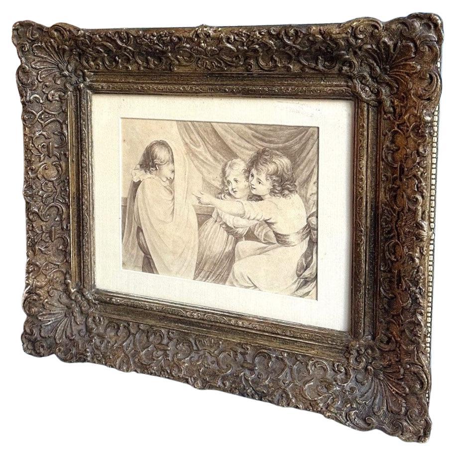 Bambini che giocano al fantasma Arte da parete Matita su carta marrone Lavaggio Oggetto decorativo incorniciato