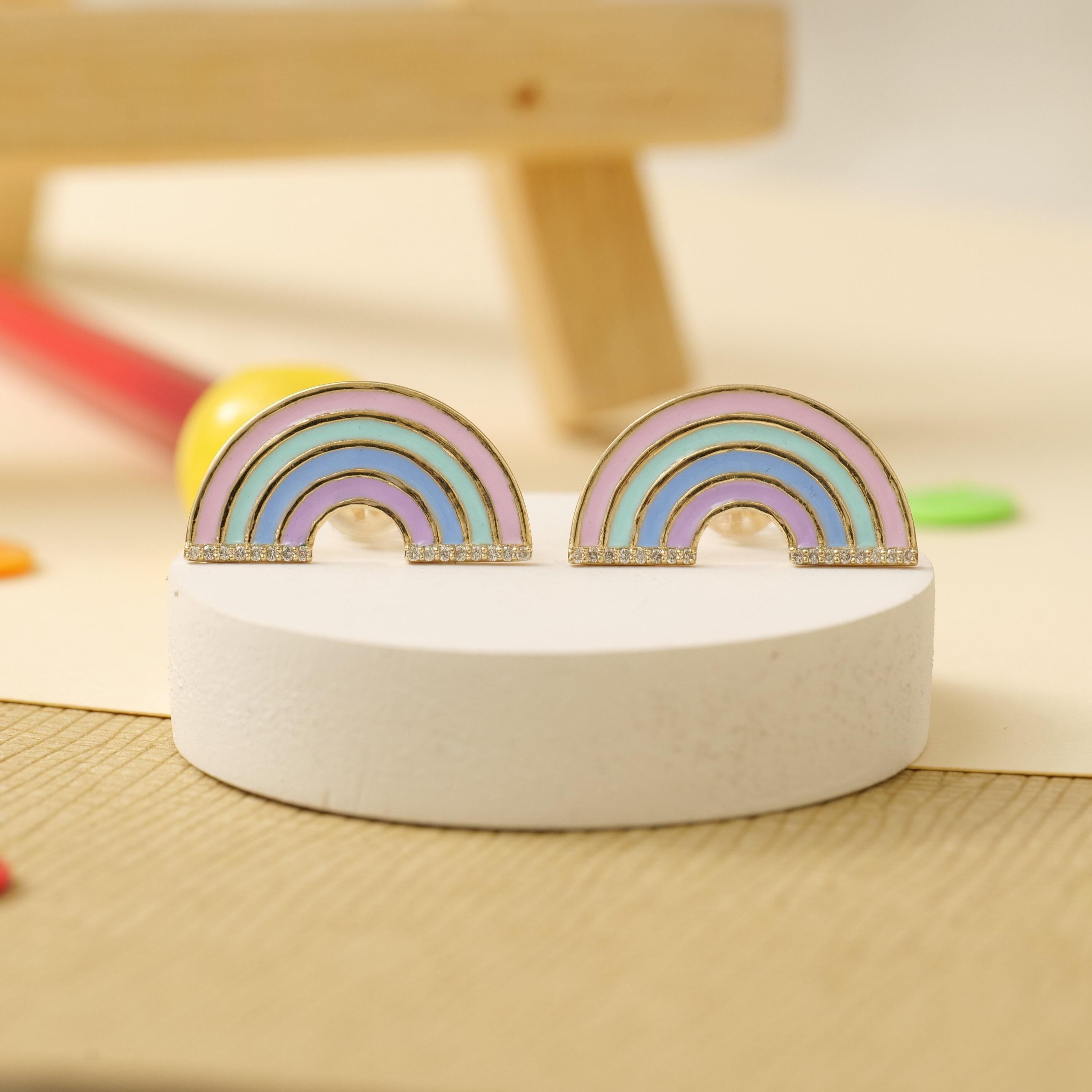 Art déco Boucles d'oreilles enfants Rainbow Diamonds en or massif 14K (certifié) en vente