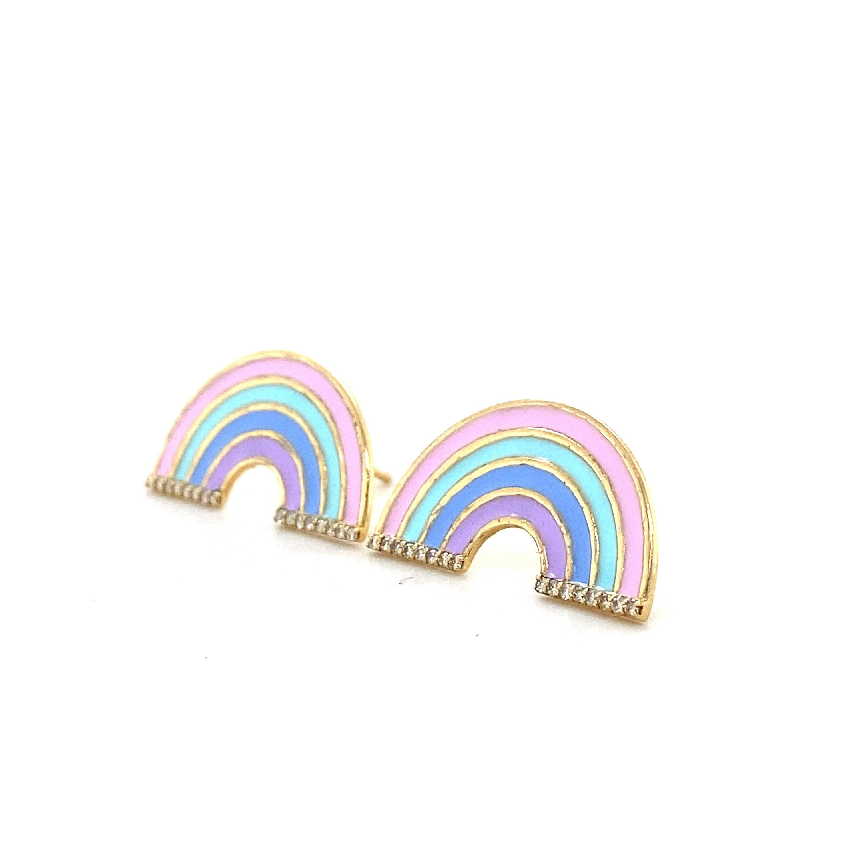 Taille ronde Boucles d'oreilles enfants Rainbow Diamonds en or massif 14K (certifié) en vente