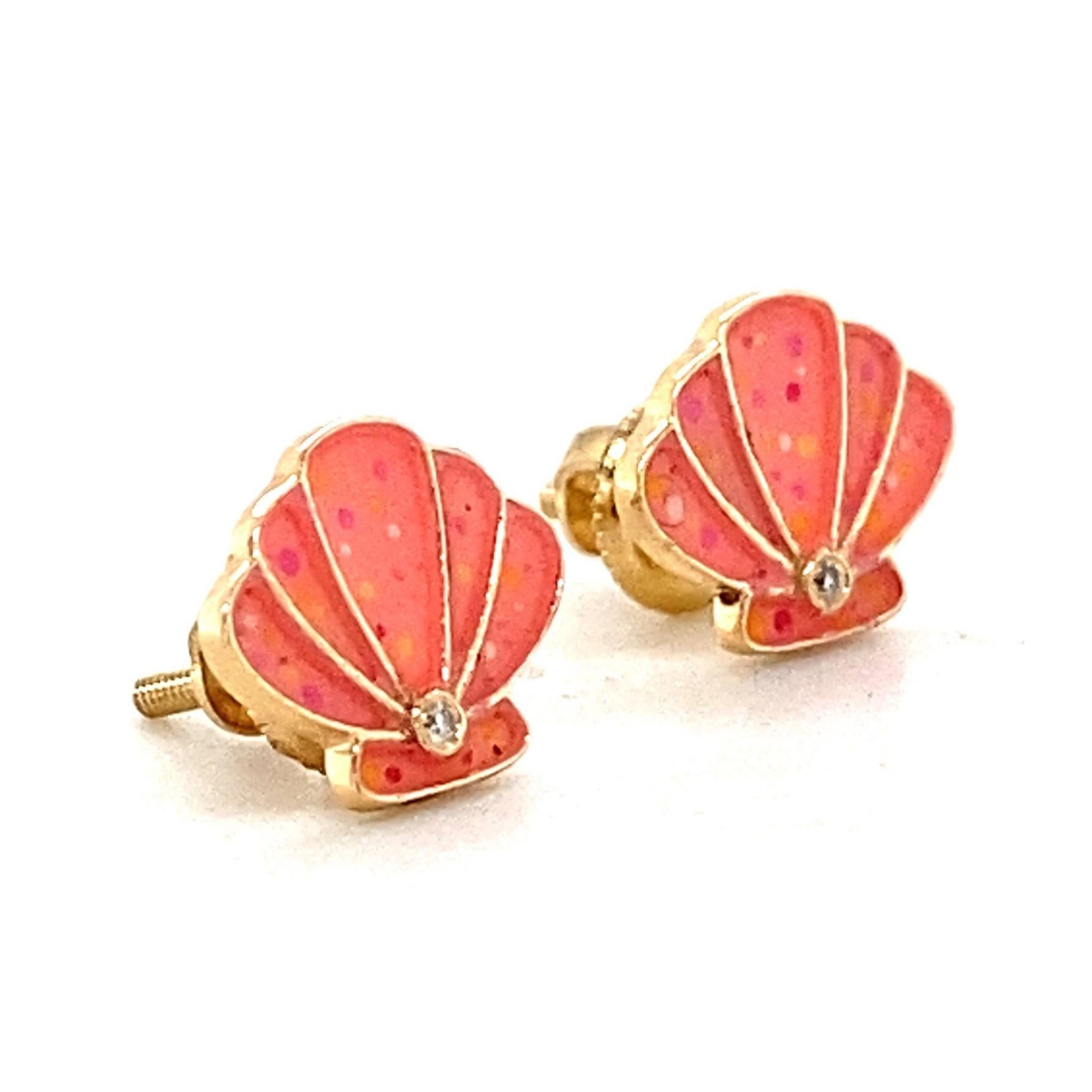 Taglio rotondo Orecchini a conchiglia per bambini in oro massiccio 14k (certificati) in vendita