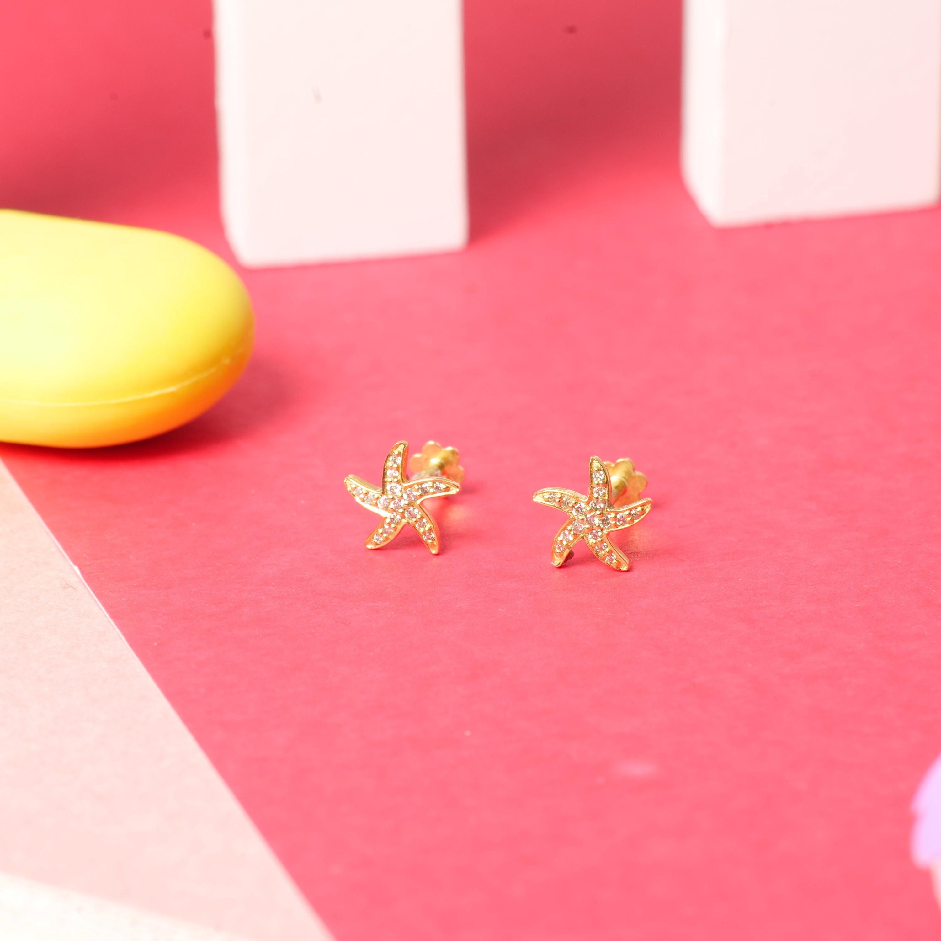 Art Deco Kids Starfish Diamond Stud Earrings in 14K Solid Gold (Certified) For Sale