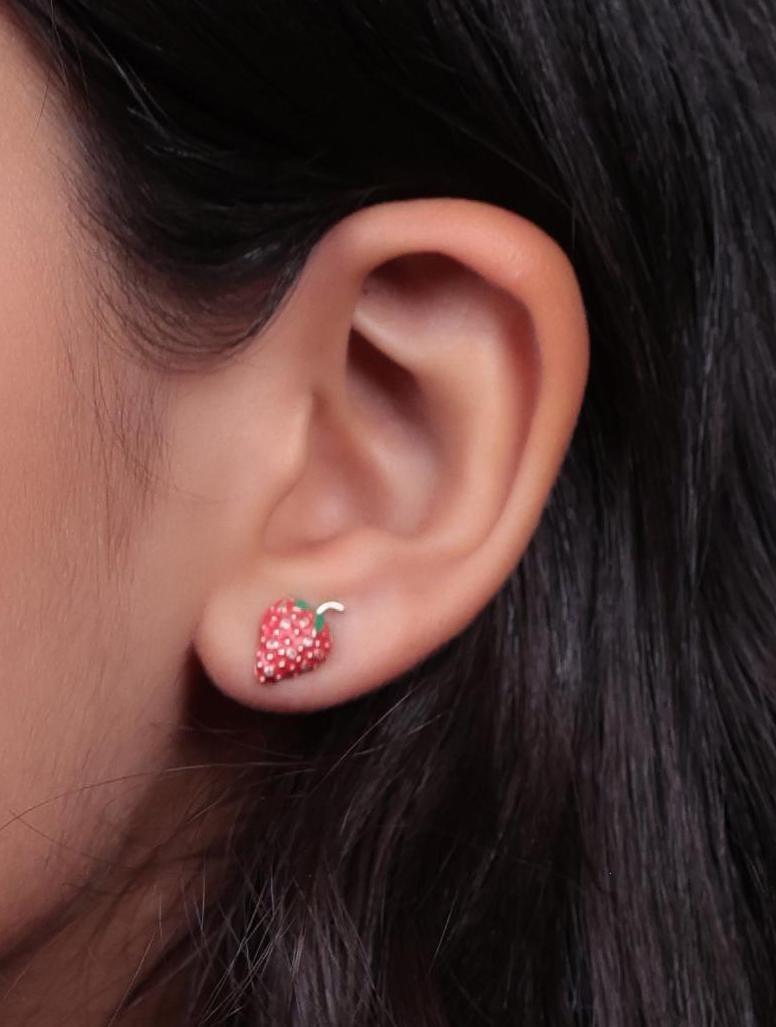 Art Deco Kids Strawberry Diamond Stud Earrings in 14K Solid Gold (Certified) For Sale
