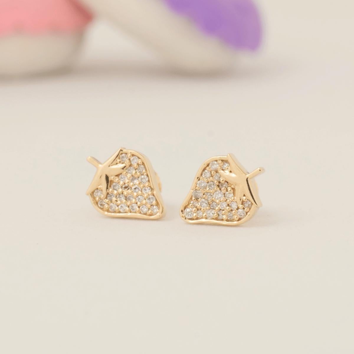 Art Deco Kids Strawberry Diamond Stud Earrings in 14k Solid Gold (Certified) For Sale
