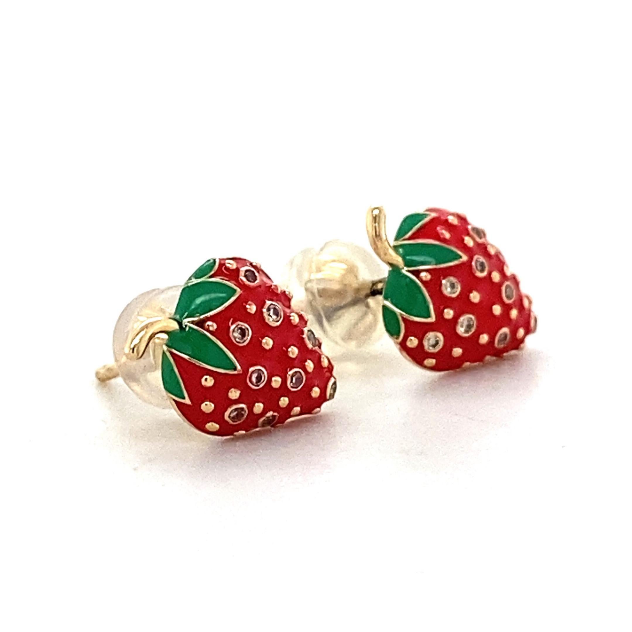Women's Kids Strawberry Diamond Stud Earrings in 14K Solid Gold (Certified) For Sale