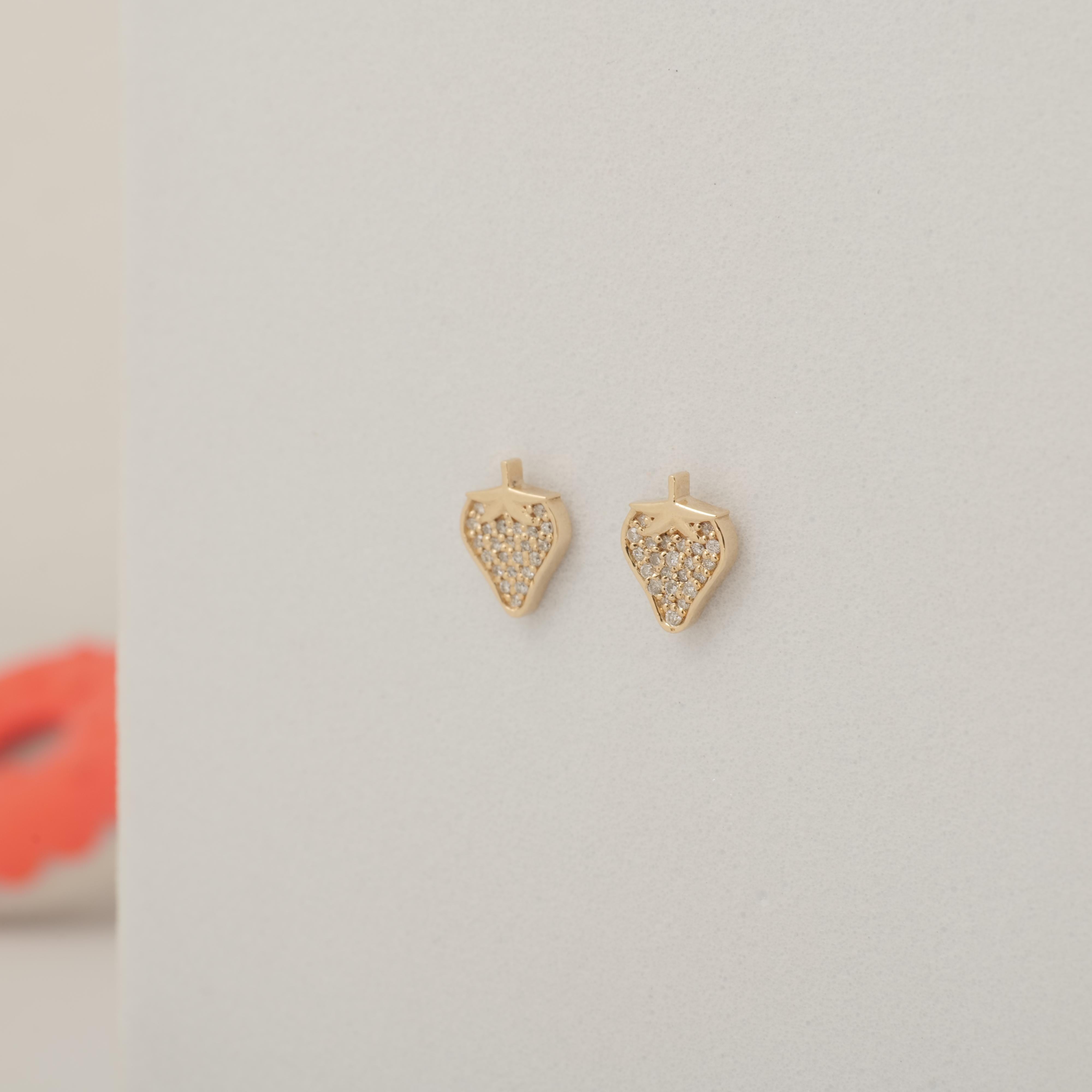 Women's Kids Strawberry Diamond Stud Earrings in 14k Solid Gold (Certified) For Sale