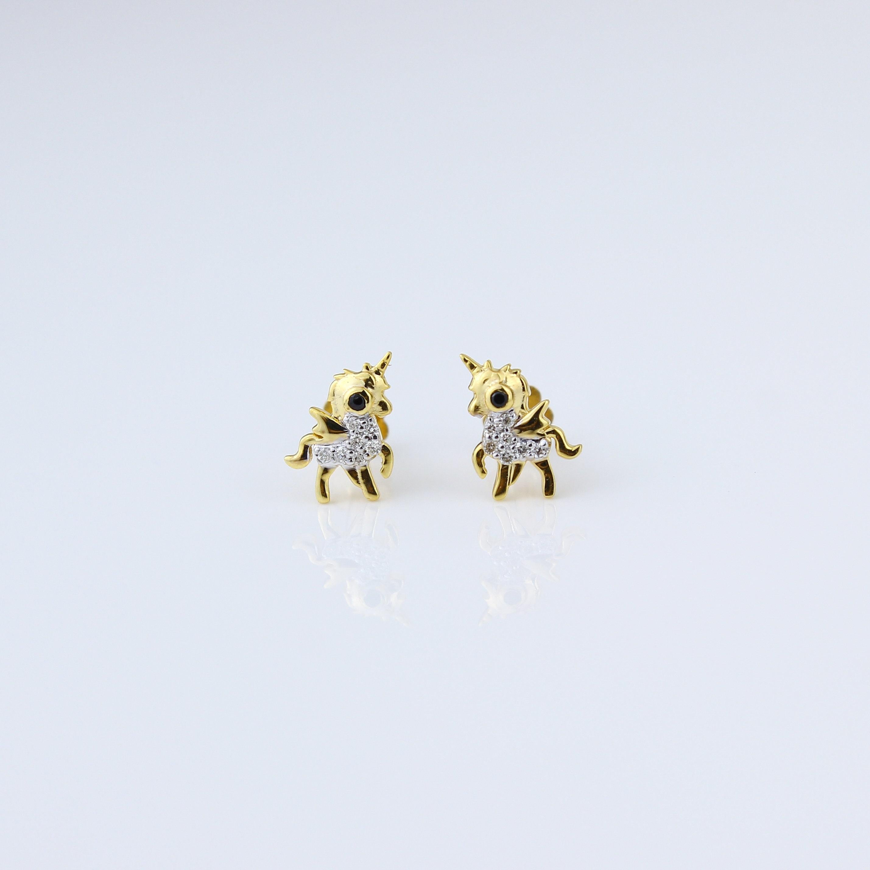Pendientes infantiles de unicornio con diamantes en oro macizo de 14 quilates (certificado) Art Decó en venta