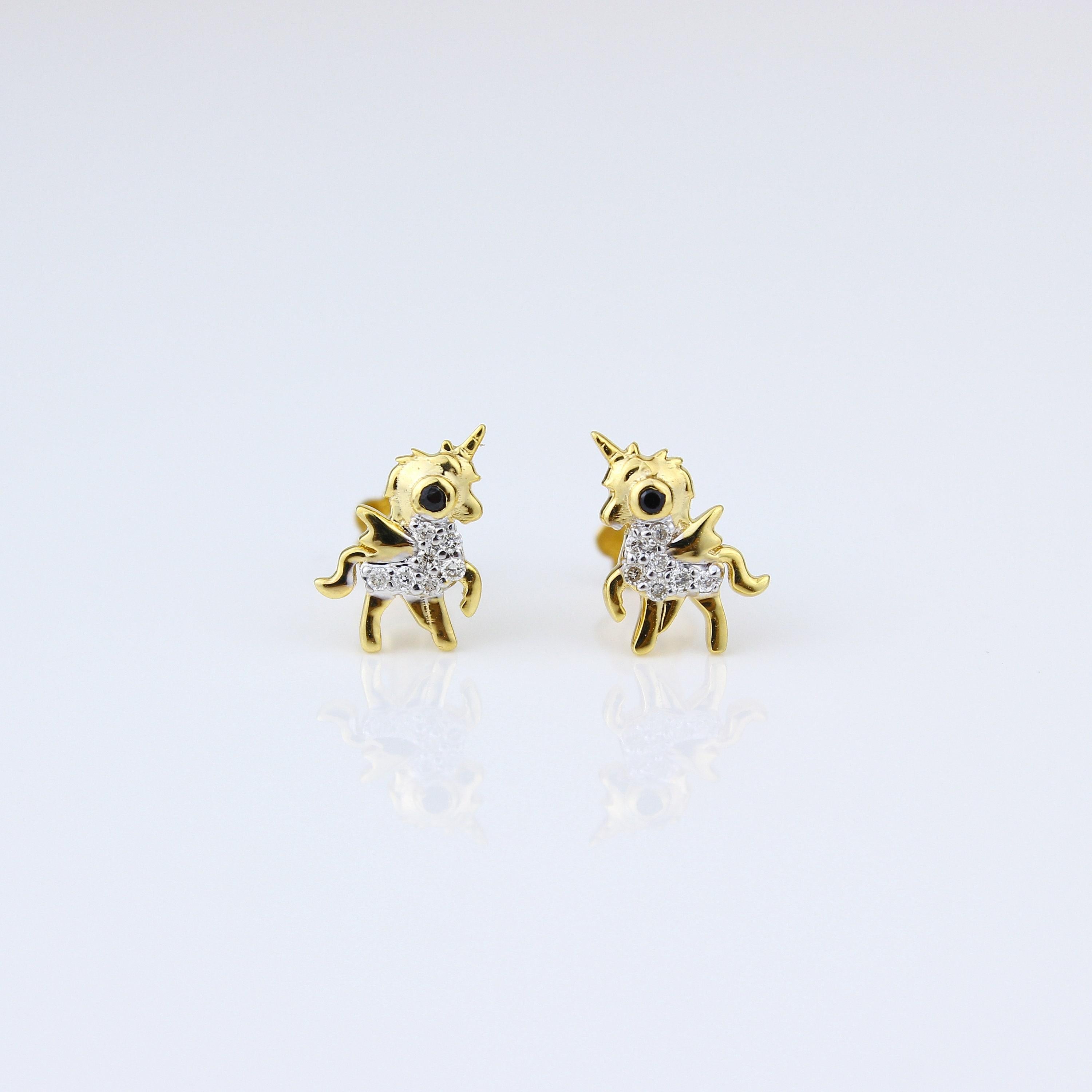 Pendientes infantiles de unicornio con diamantes en oro macizo de 14 quilates (certificado) Corte redondo en venta