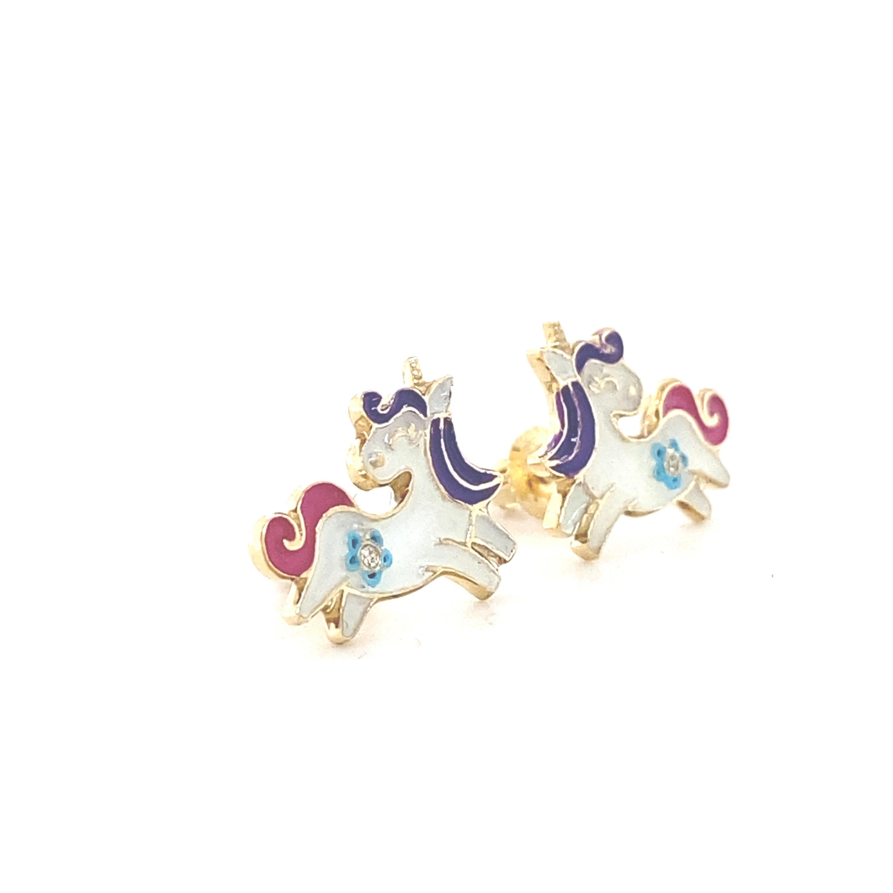 Round Cut Kids Unicorn Diamond Stud Earrings in 14K Solid Gold (Certified) For Sale
