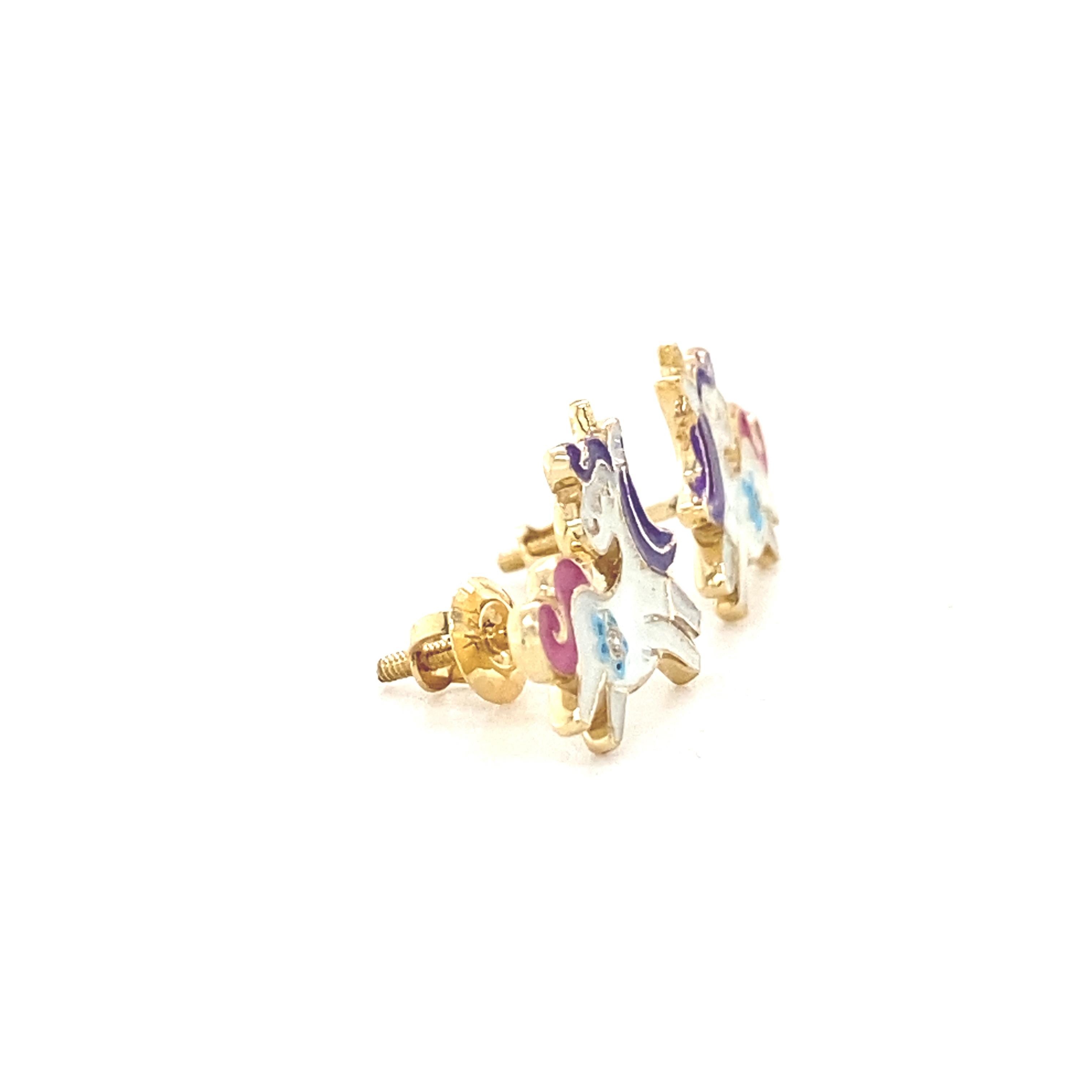 Kids Unicorn Diamond Stud Earrings in 14K Solid Gold (Certified) In New Condition For Sale In New Delhi, DL