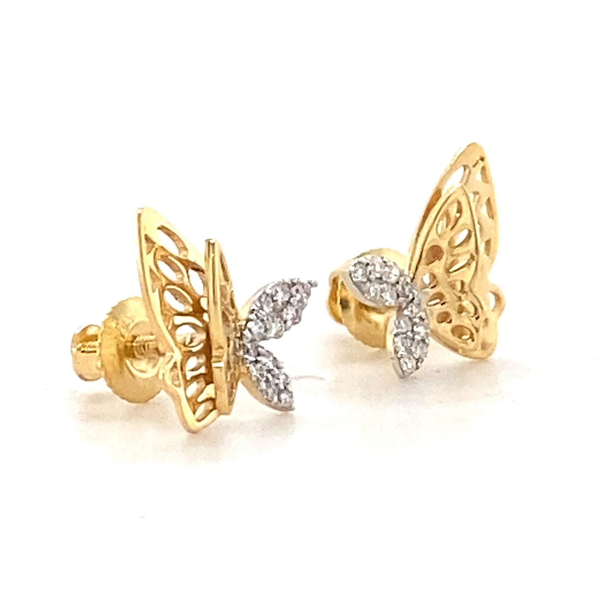 Art déco Kids Winged Butterfly Diamond Stud Earrings in 14k Solid Gold (Certified) en vente