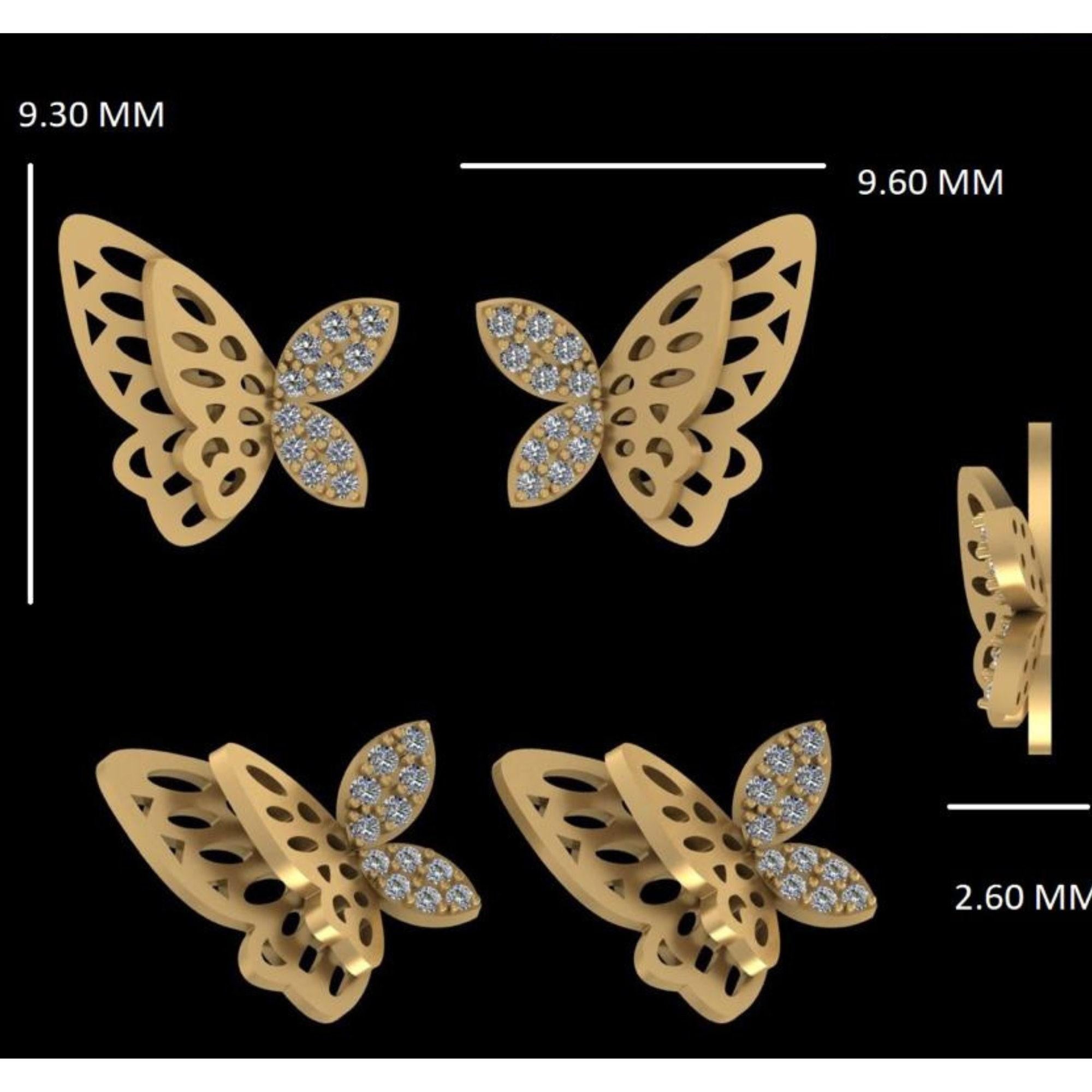 Kids Winged Butterfly Diamond Stud Earrings in 14k Solid Gold (Certified) en vente 2