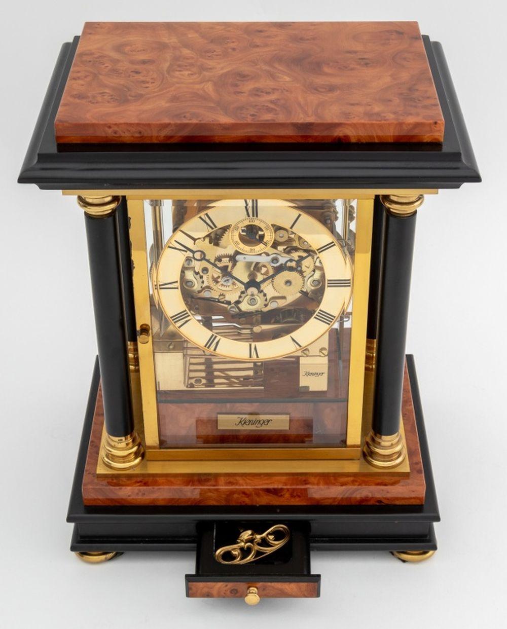Neoclassical Kieninger Ebonized & Burlwood Table Clock For Sale
