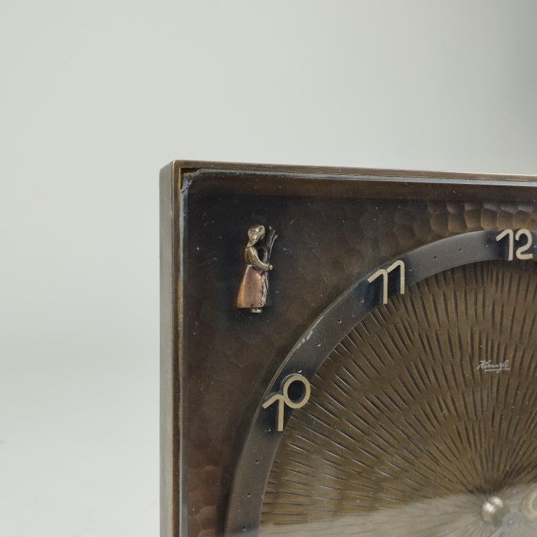 Hammered Kienzle German Mid-Century Modern Bronze Table Clock For Sale