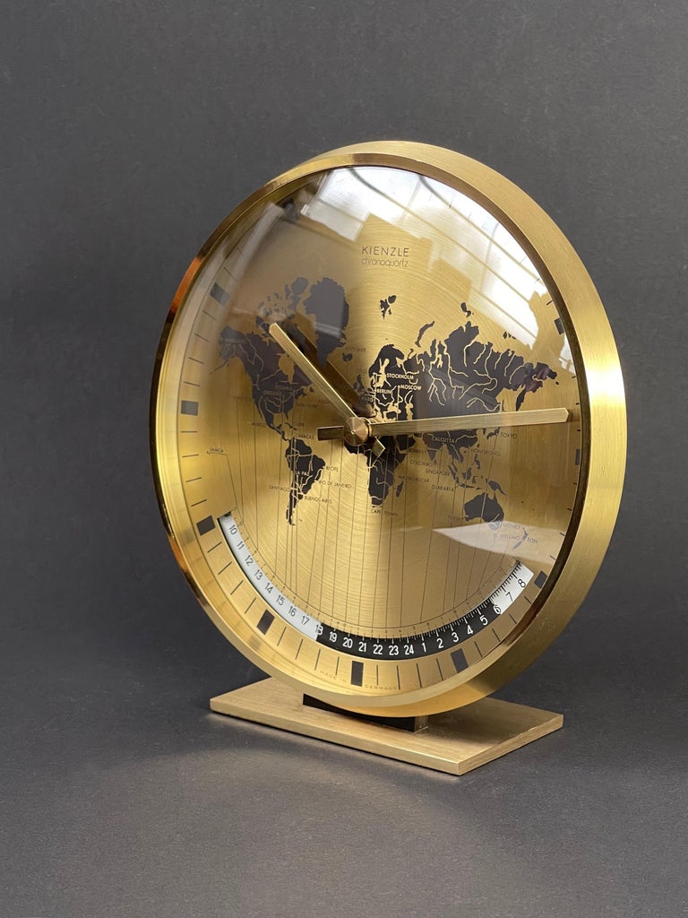 Kienzle GMT World Clock Brass Table or Desk Clock, Art Deco Vibe