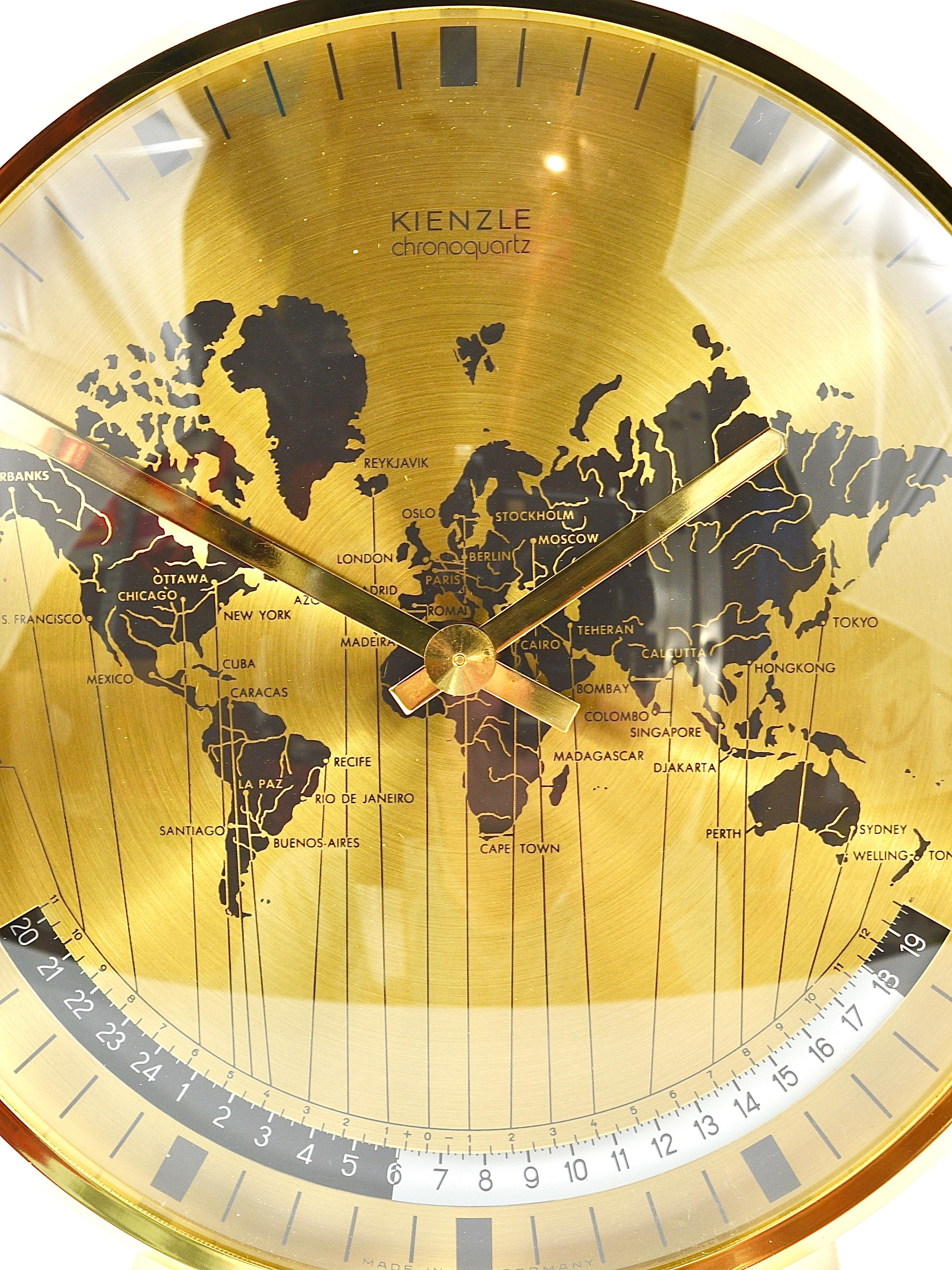 Kienzle GMT World Time Zone Brass Table Clock, Midcentury, Germany, 1960s For Sale 2