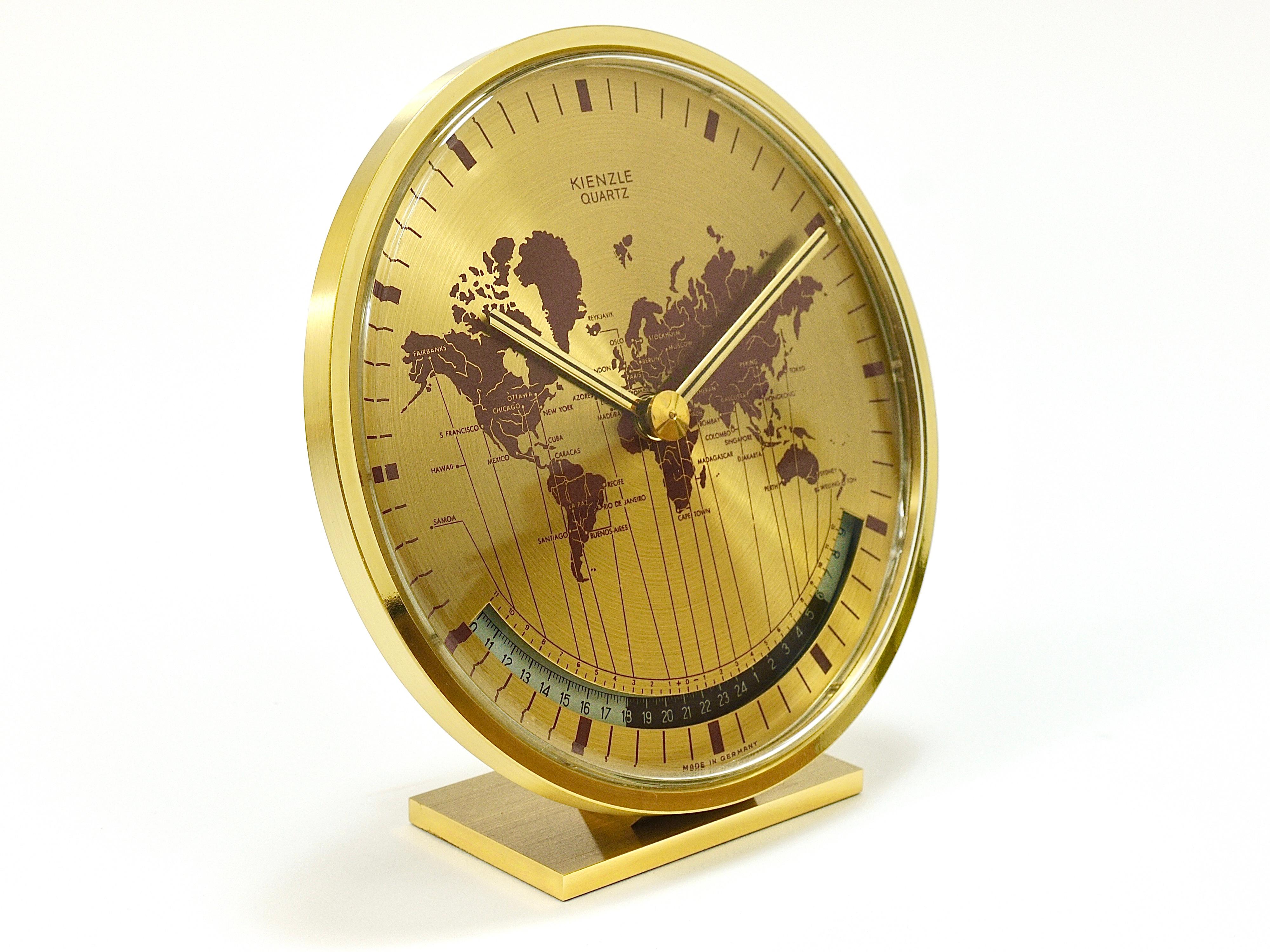 Kienzle GMT World Time Zone Brass Table Clock, Midcentury, Germany, 1960s For Sale 2