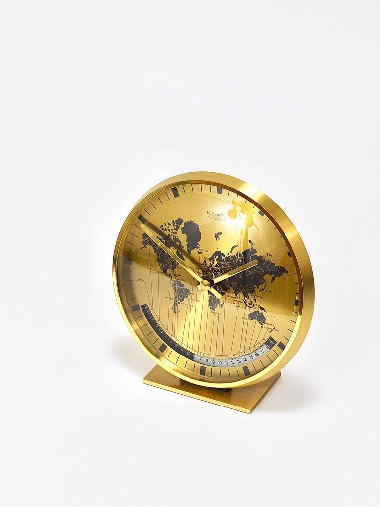 Kienzle GMT World Time Zone Brass Table Clock, Midcentury, Germany