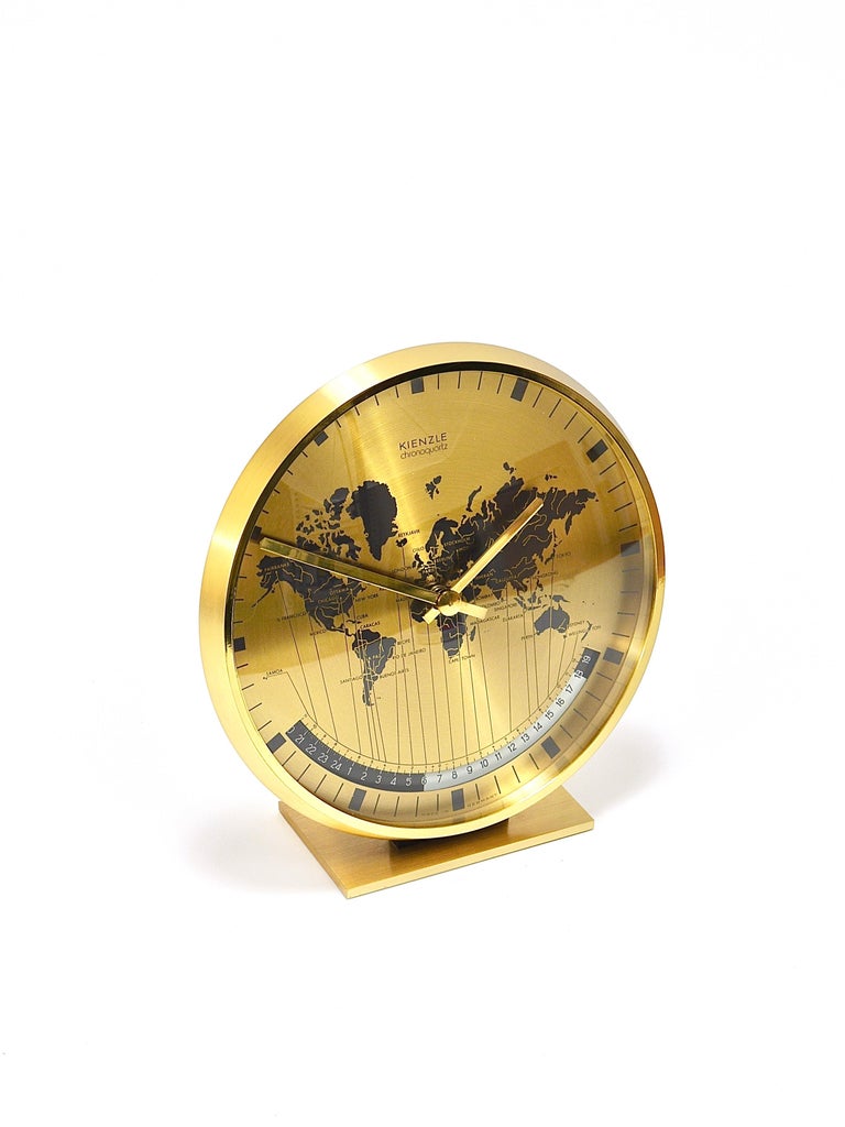 Kienzle GMT World Time Zone Brass Table Clock, Midcentury, Germany