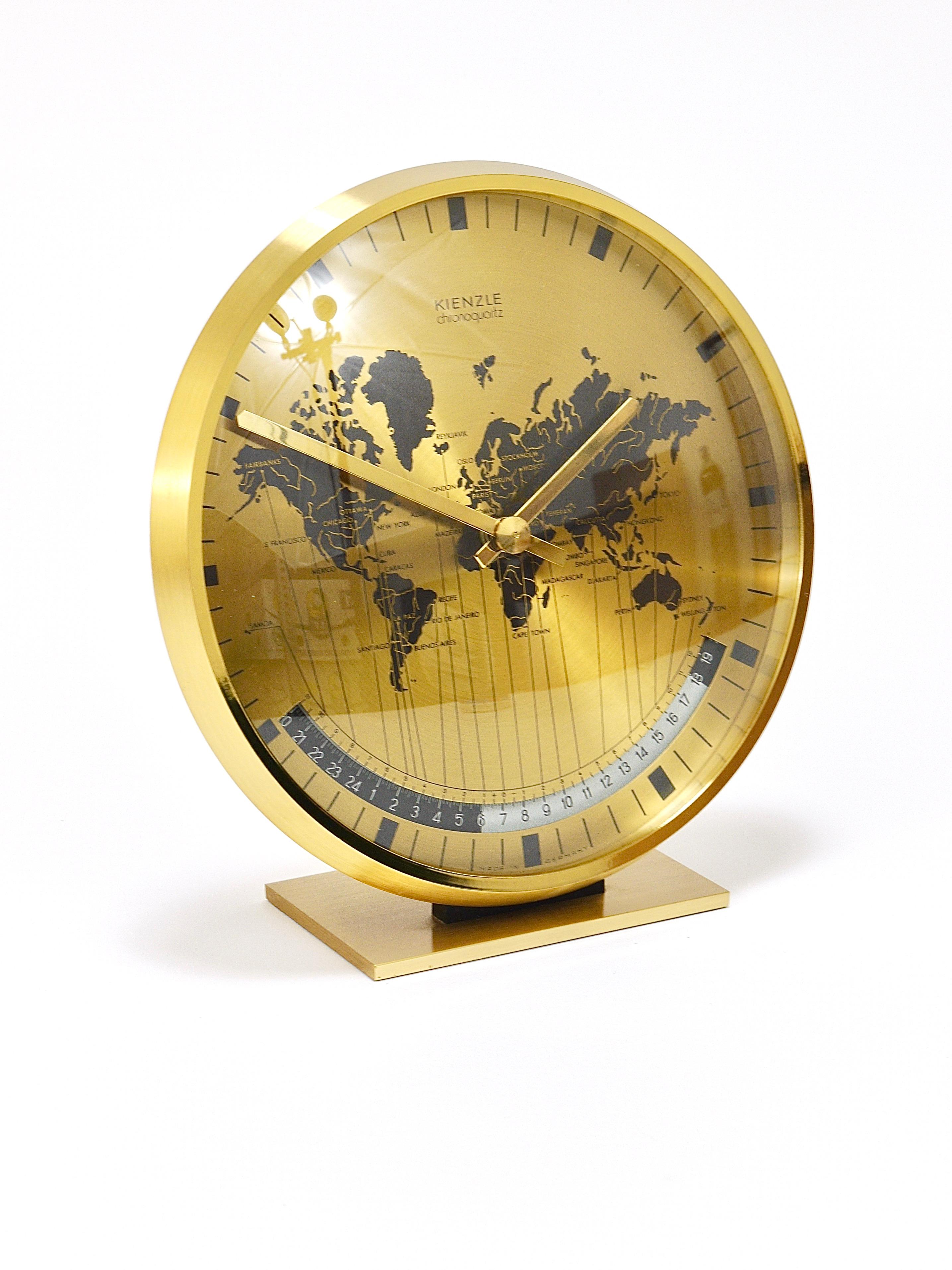Kienzle GMT World Time Zone Brass Table Clock, Midcentury, Germany, 1960s For Sale 6