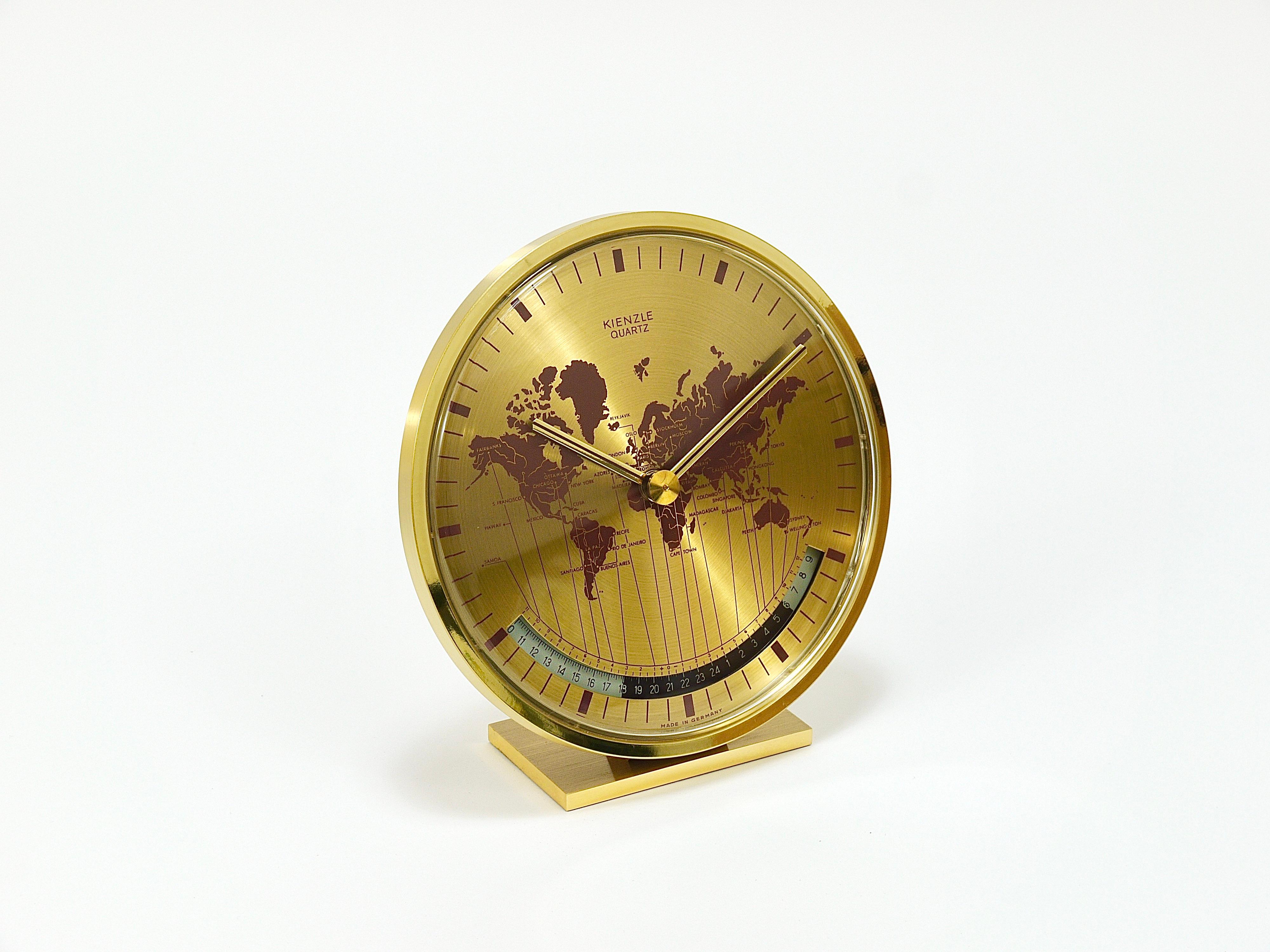 Kienzle GMT World Time Zone Brass Table Clock, Midcentury, Germany, 1960s For Sale 6