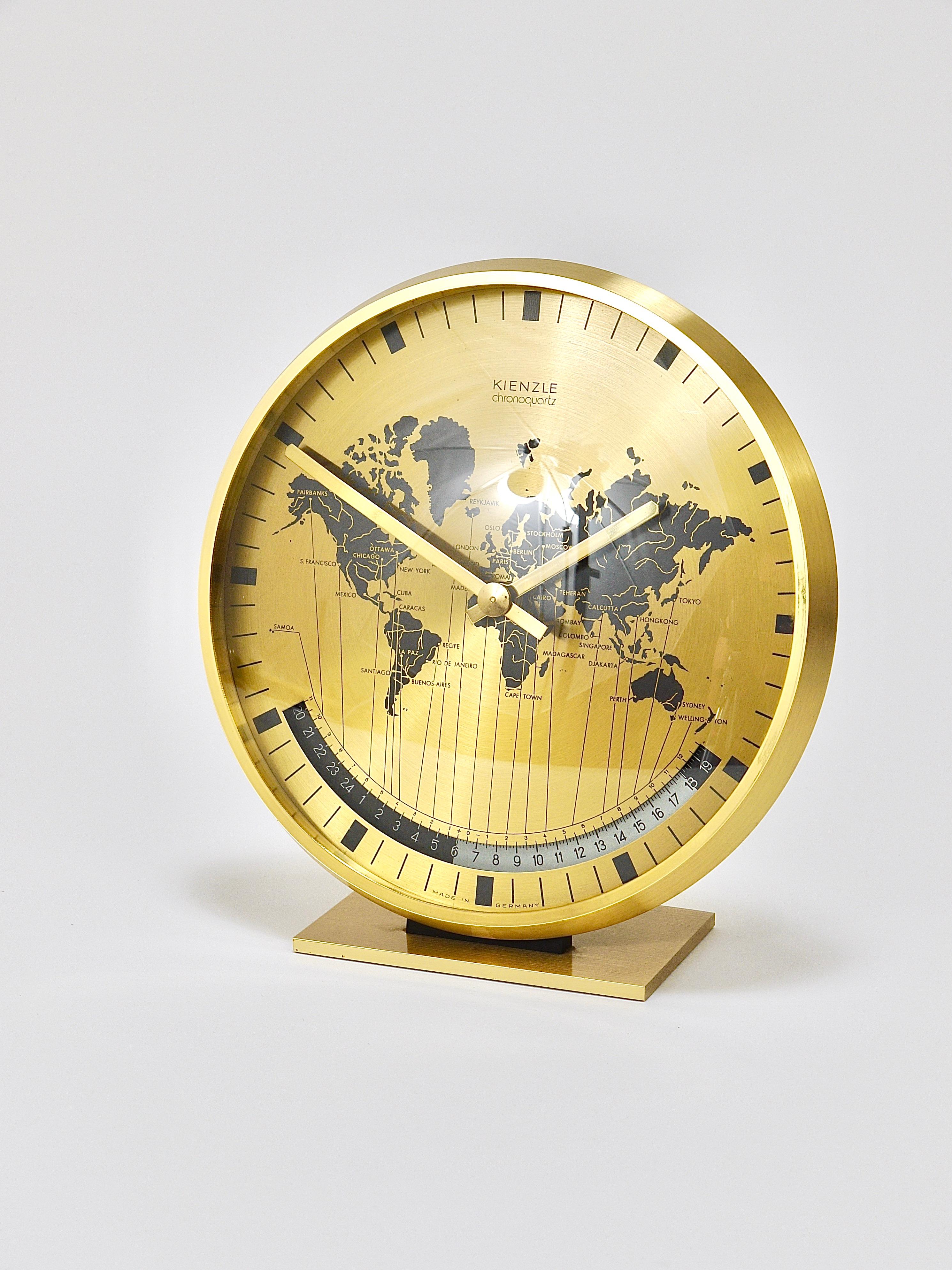 Kienzle GMT World Time Zone Brass Table Clock, Midcentury, Germany, 1960s For Sale 8
