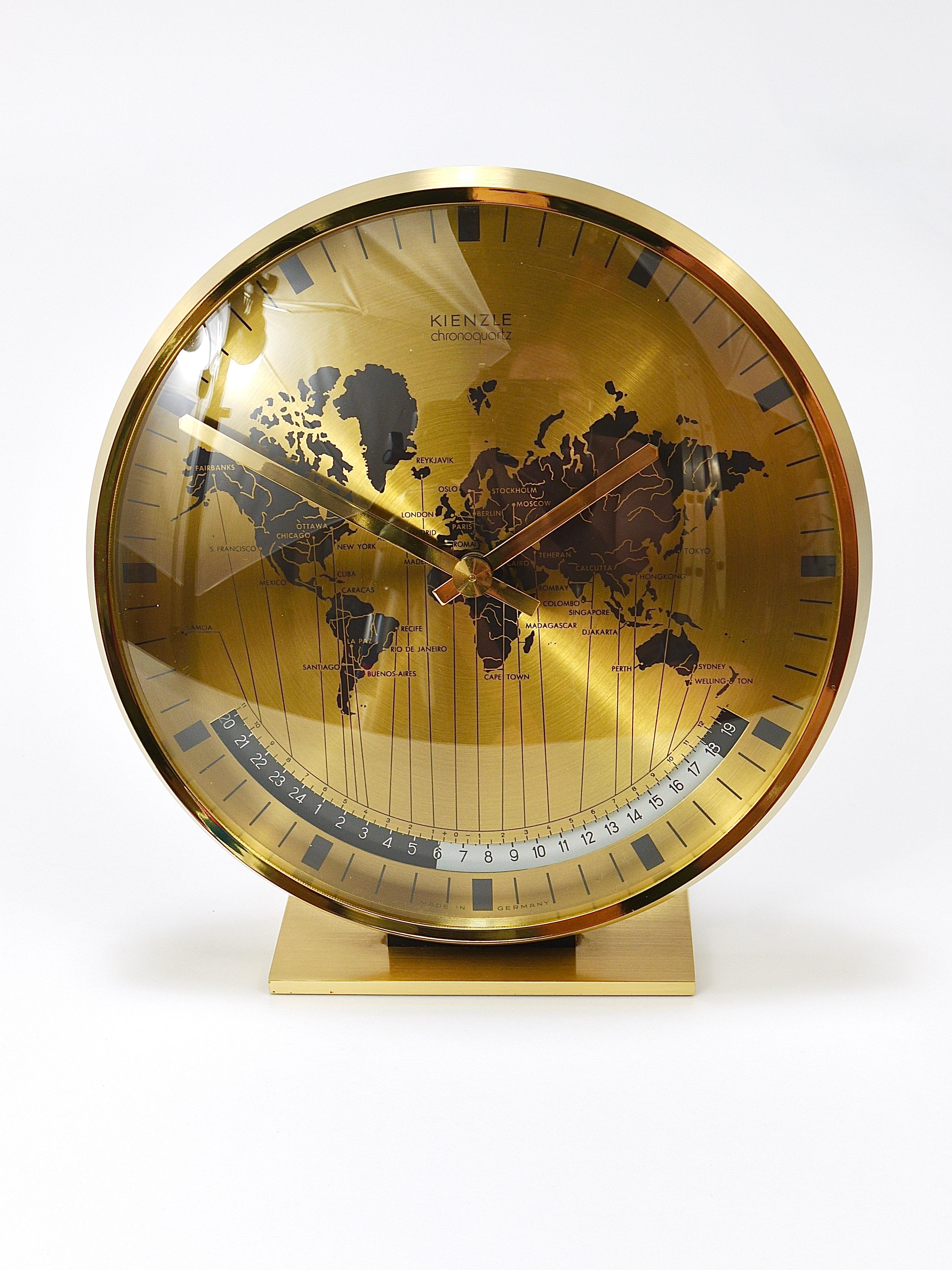 Kienzle GMT World Time Zone Brass Table Clock, Midcentury, Germany, 1960s For Sale 9