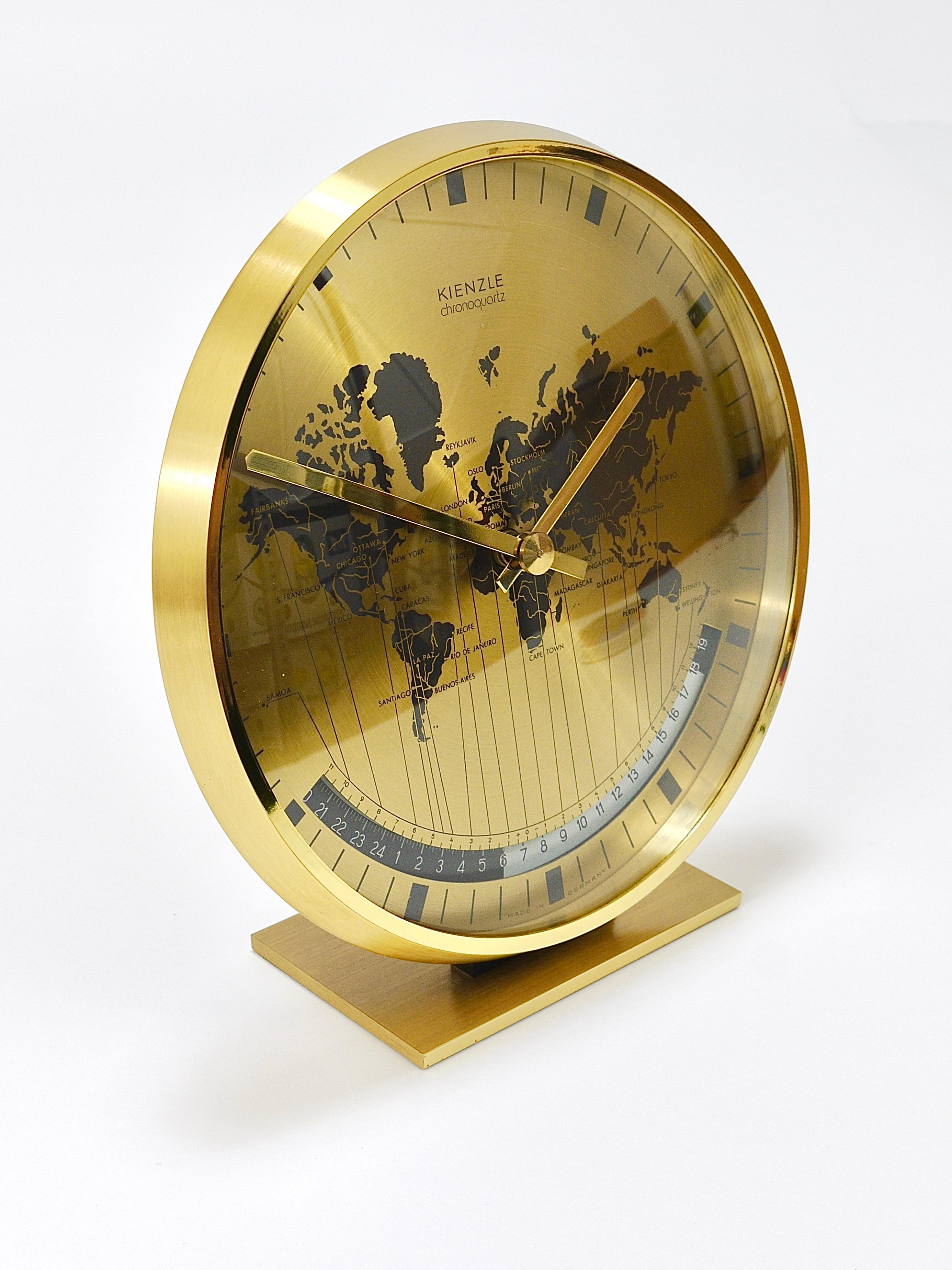 Kienzle GMT World Time Zone Brass Table Clock, Midcentury, Germany, 1960s For Sale 10
