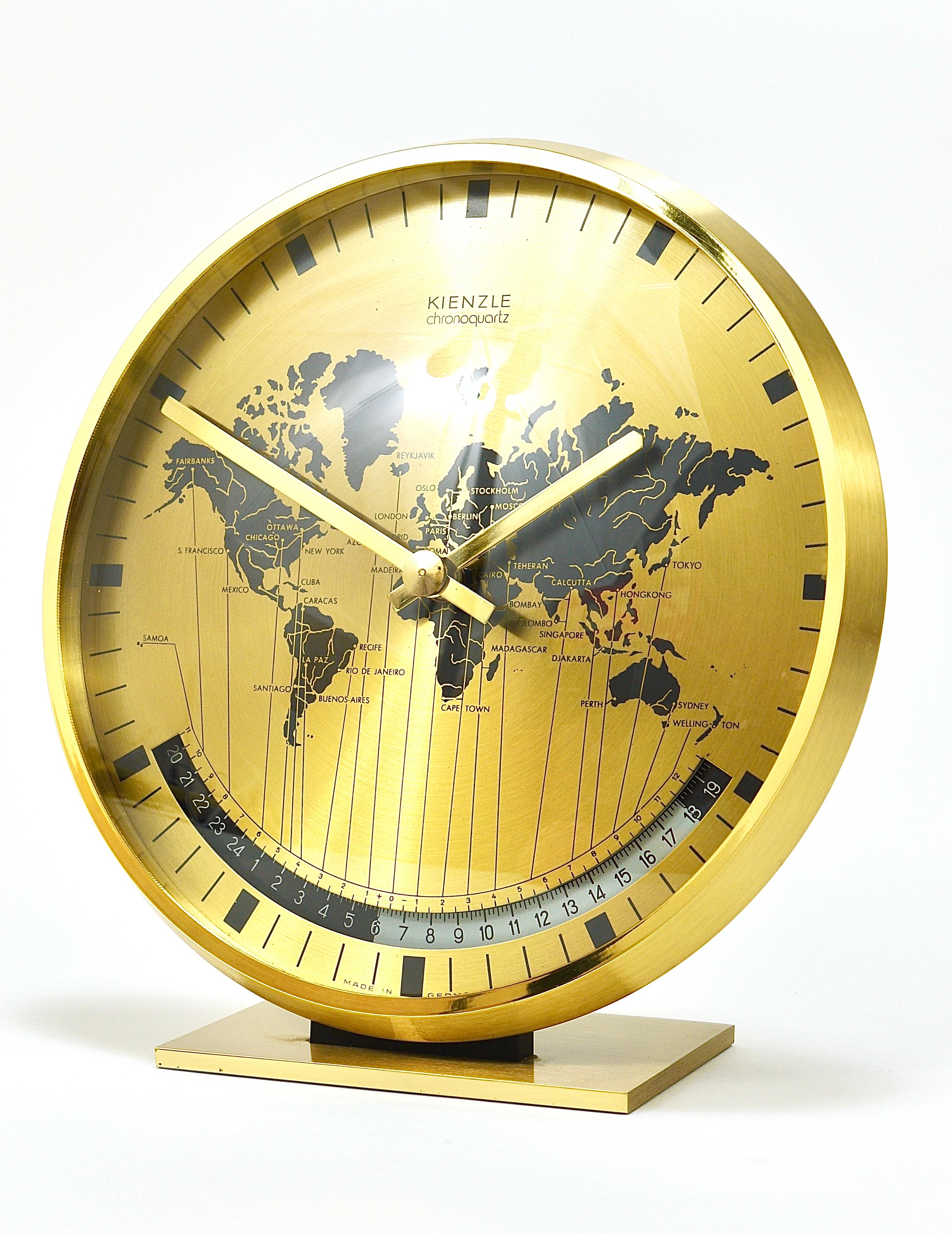 Kienzle GMT World Time Zone Brass Table Clock, Midcentury, Germany, 1960s For Sale 11