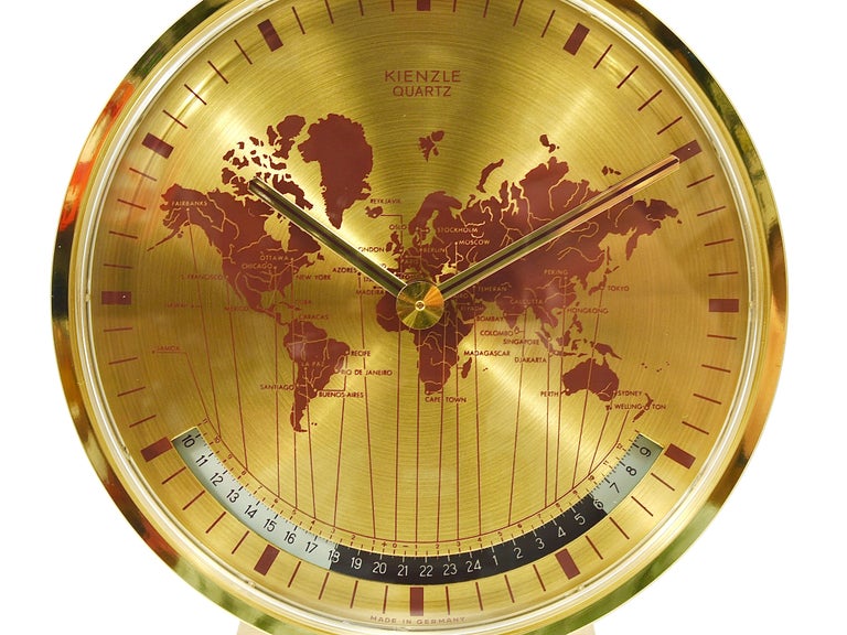 Kienzle GMT World Time Zone Brass Table Clock, Midcentury, Germany