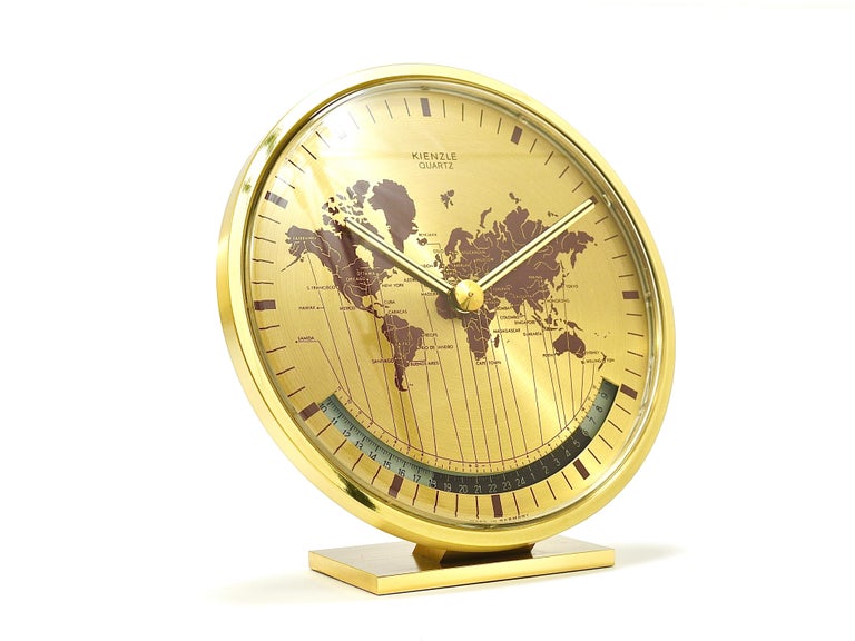 Kienzle GMT World Time Zone Brass Table Clock, Midcentury, Germany