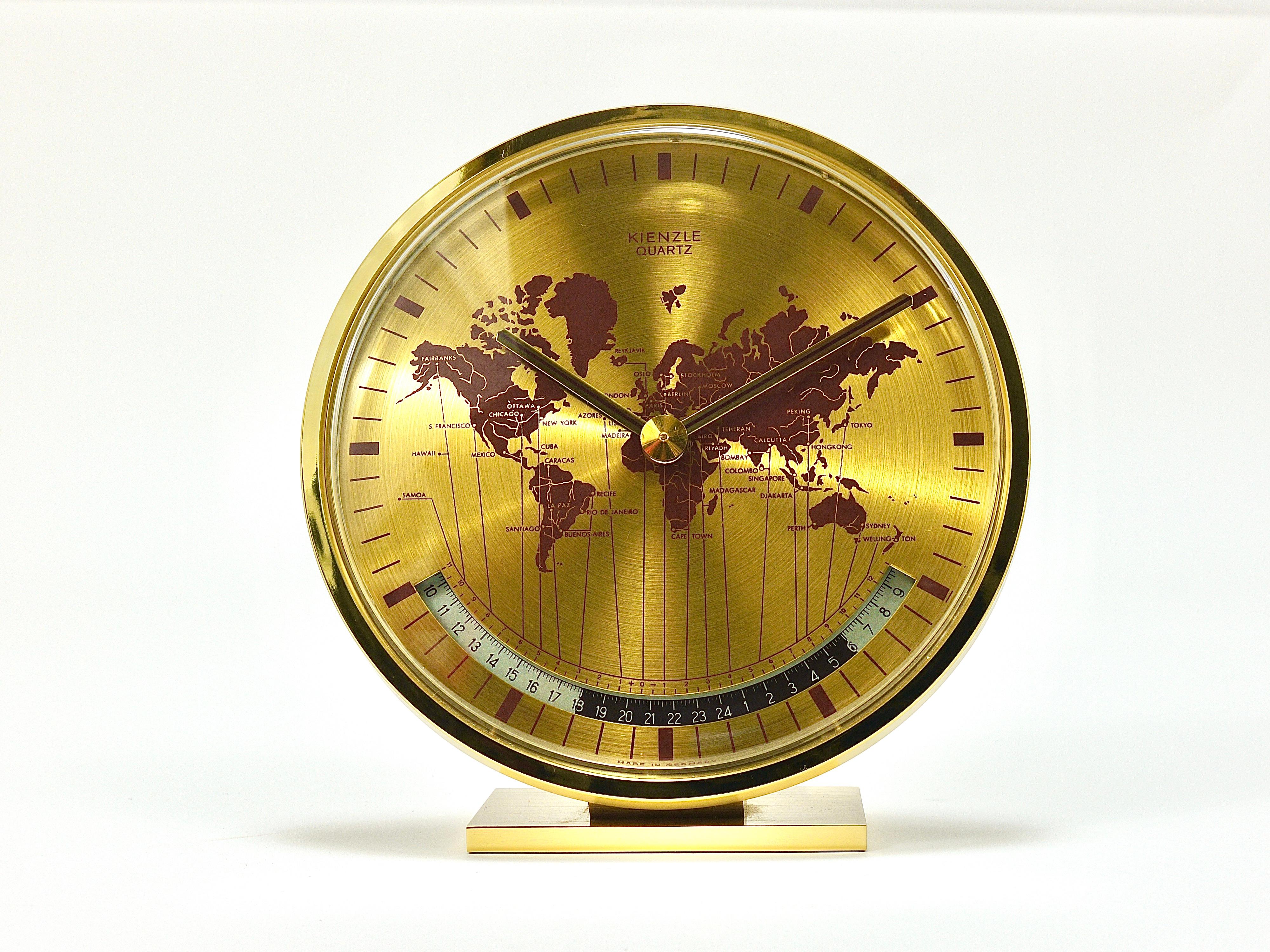 Mid-Century Modern Kienzle GMT World Time Zone Brass Table Clock, Midcentury, Germany, 1960s For Sale