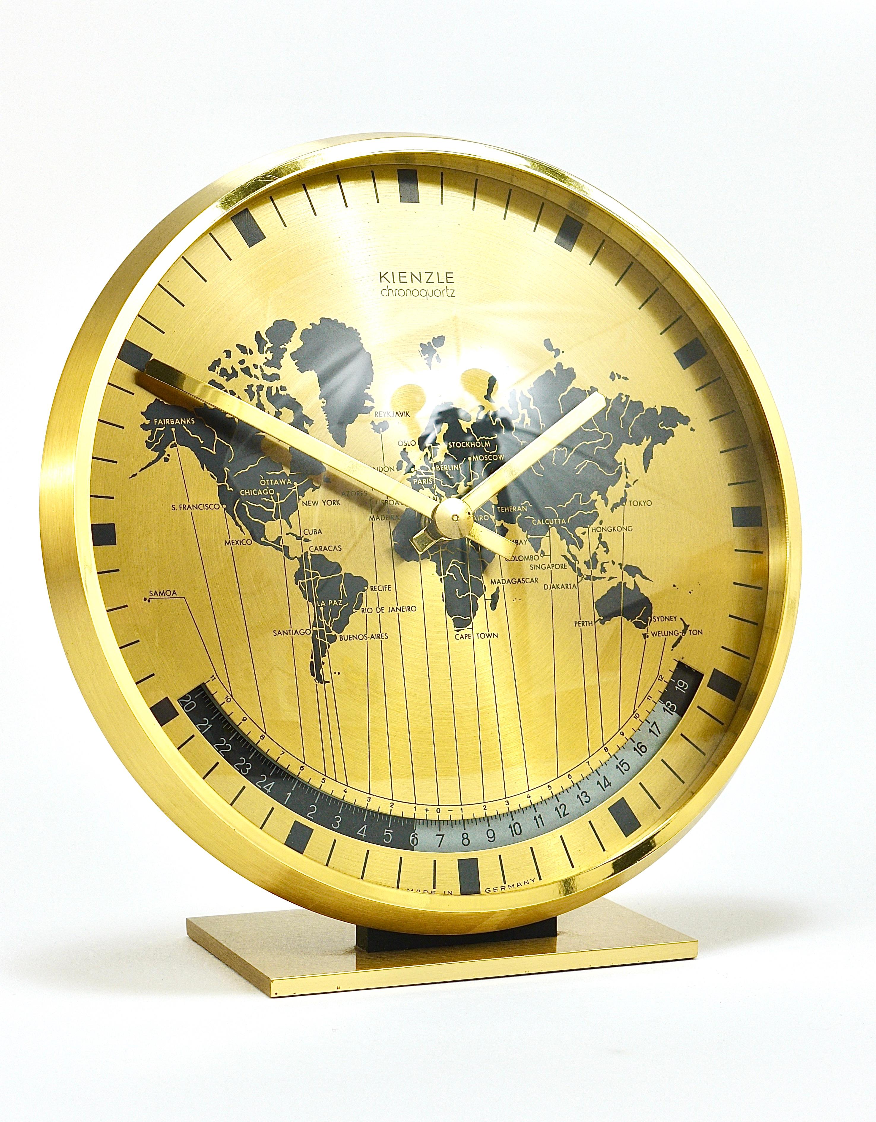 20th Century Kienzle GMT World Time Zone Brass Table Clock, Midcentury, Germany, 1960s For Sale