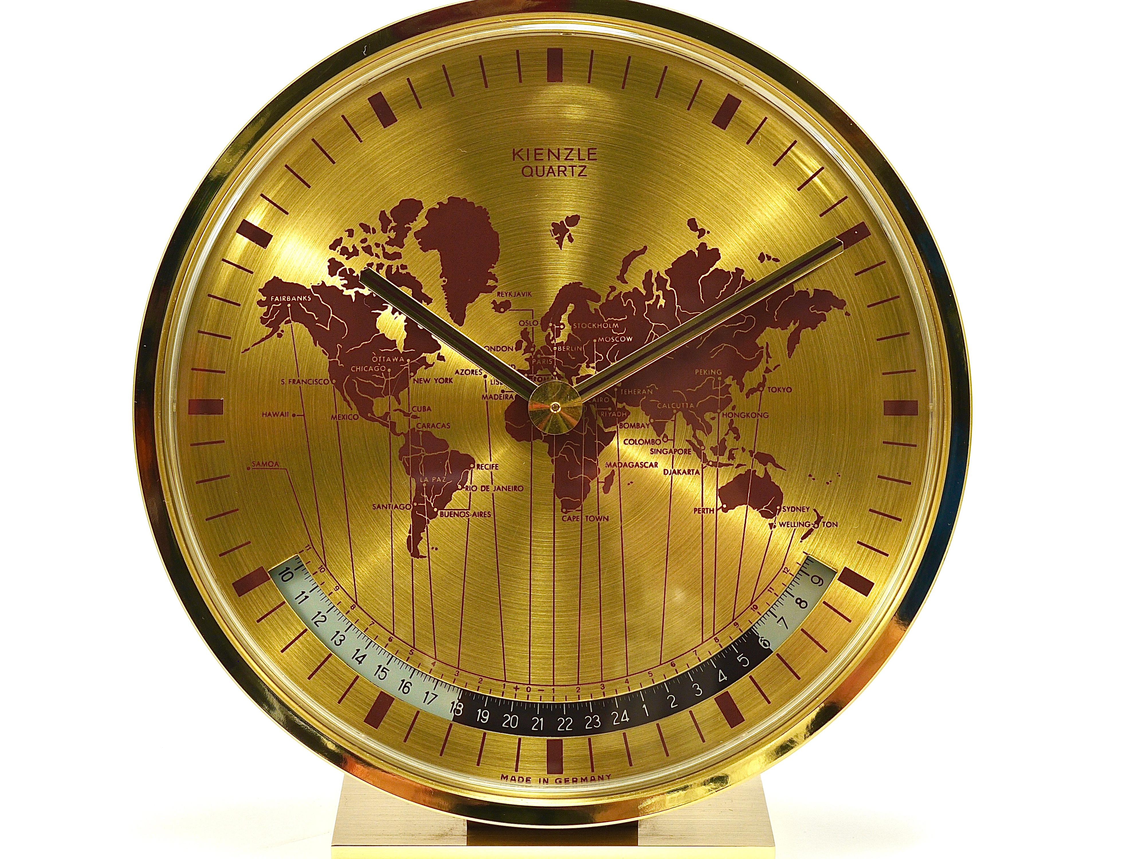 20th Century Kienzle GMT World Time Zone Brass Table Clock, Midcentury, Germany, 1960s For Sale