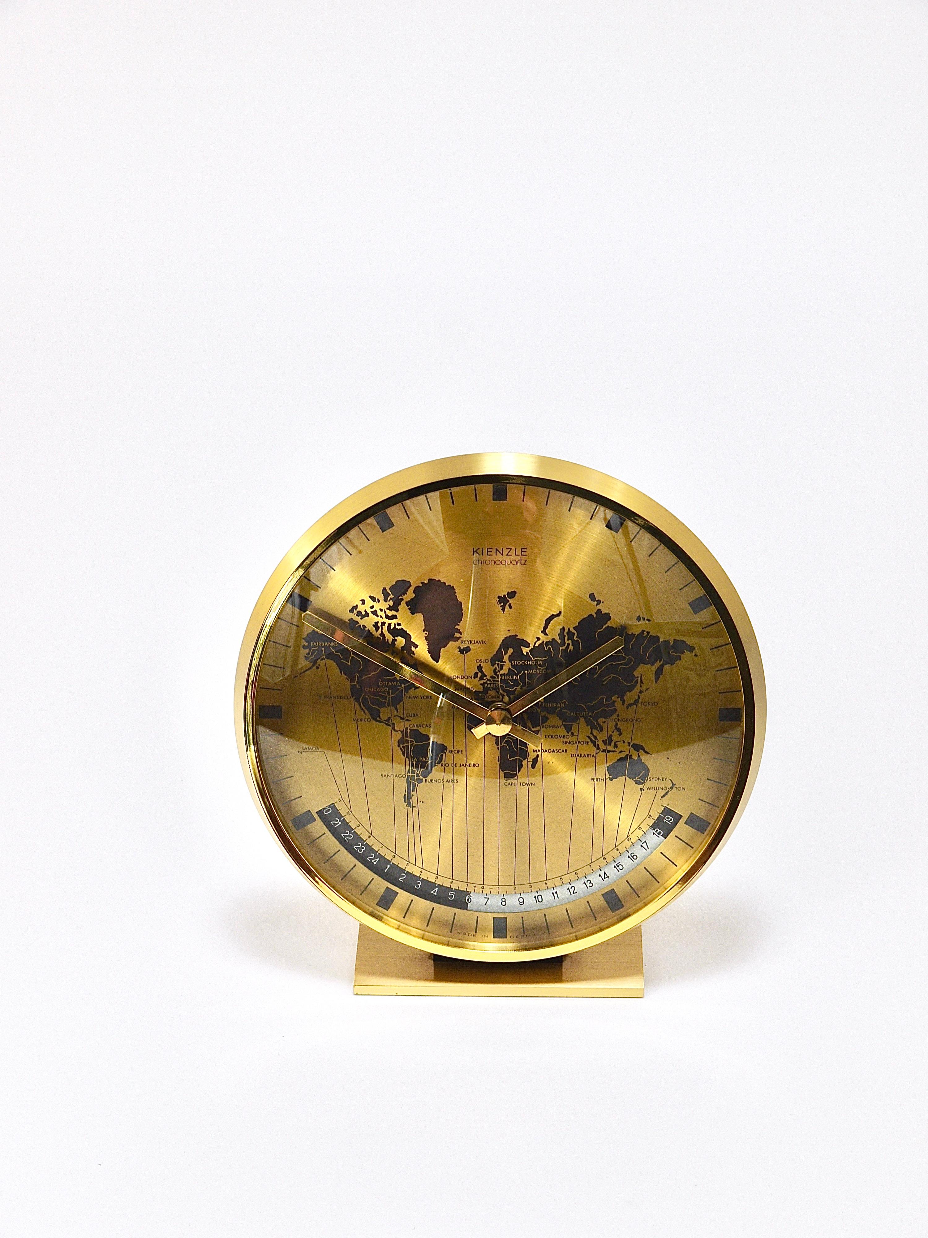 Kienzle GMT World Time Zone Brass Table Clock, Midcentury, Germany, 1960s For Sale 1