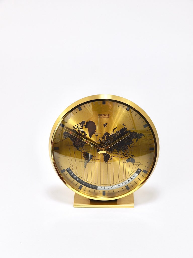 Kienzle GMT World Time Zone Brass Table Clock, Midcentury, Germany