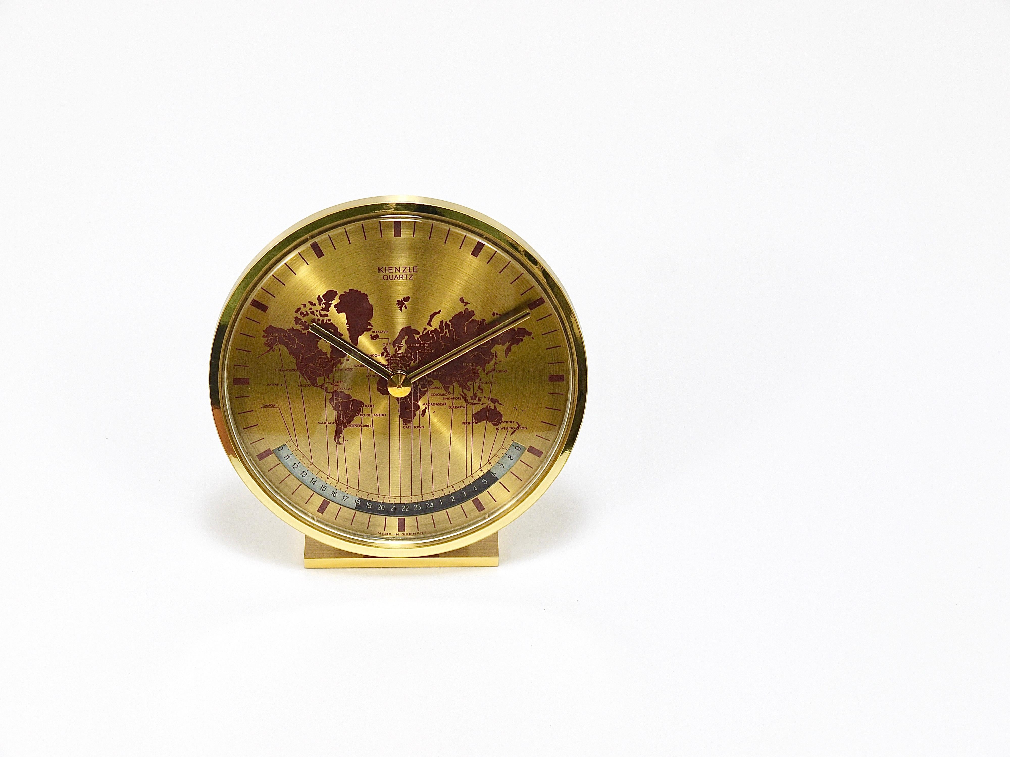 Kienzle GMT World Time Zone Brass Table Clock, Midcentury, Germany, 1960s For Sale 1