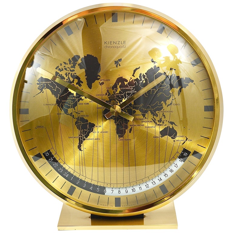 Kienzle GMT World Time Zone Brass Table Clock, Midcentury, Germany