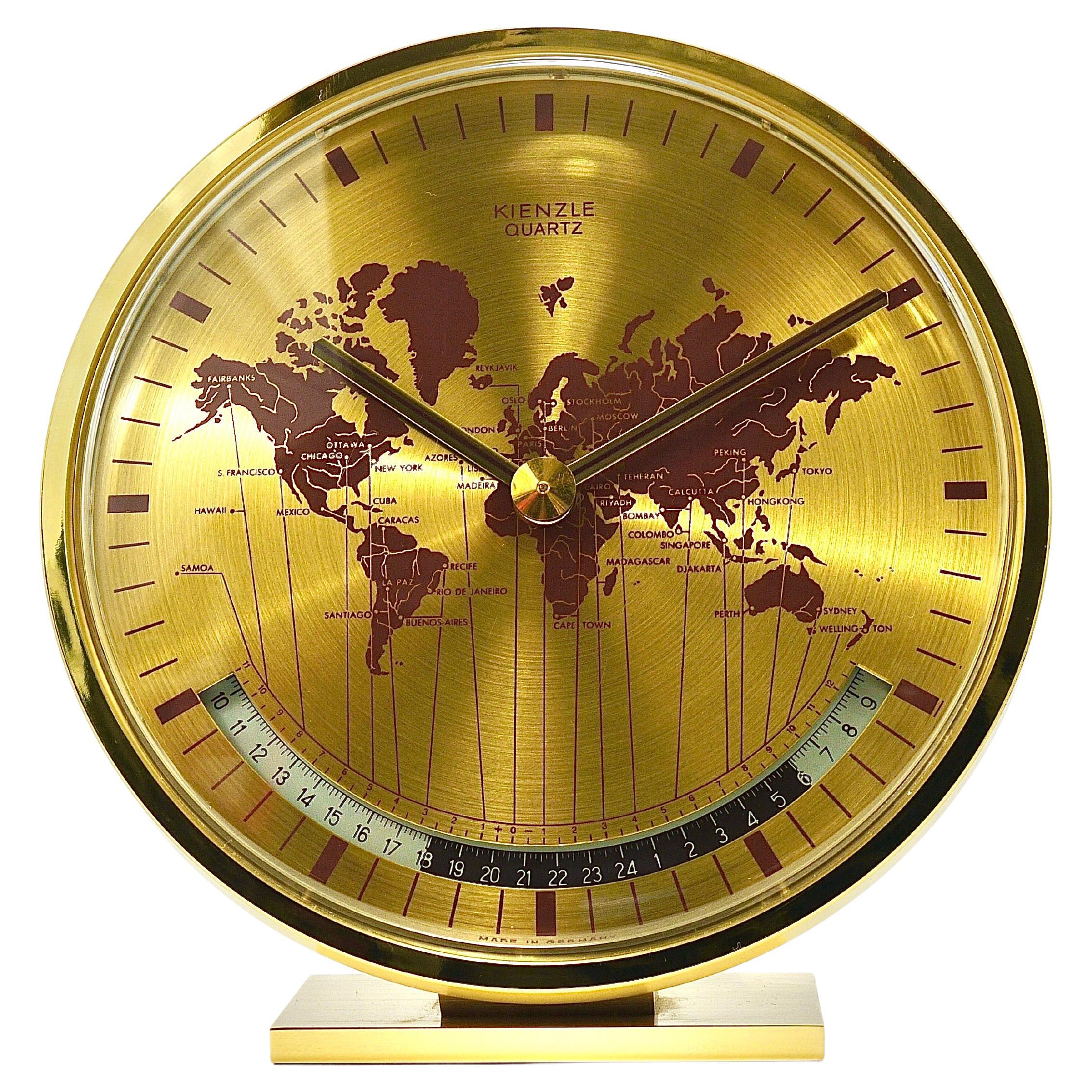 Kienzle GMT World Time Zone Brass Table Clock, Midcentury, Germany, 1960s For Sale
